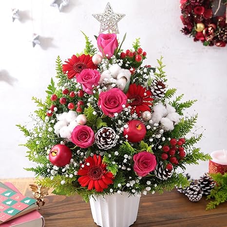 Amazon おまかせ ツリーアレンジ トゥインクル ピンク 花 フラワー 生花 ギフト プレゼント クリスマス 誕生日 記念日 お祝い 女性 フラワーアレンジメント オンライン通販