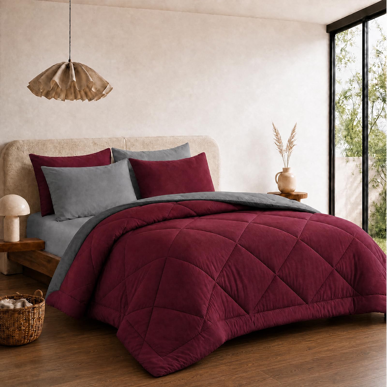 VelvetMis Coverless Duvet Super King Size 10.5 Tog - 260x 220cm, Burgundy Red And Grey Quilt, Reversible Comforter with 2 Pillowcases โ image 1