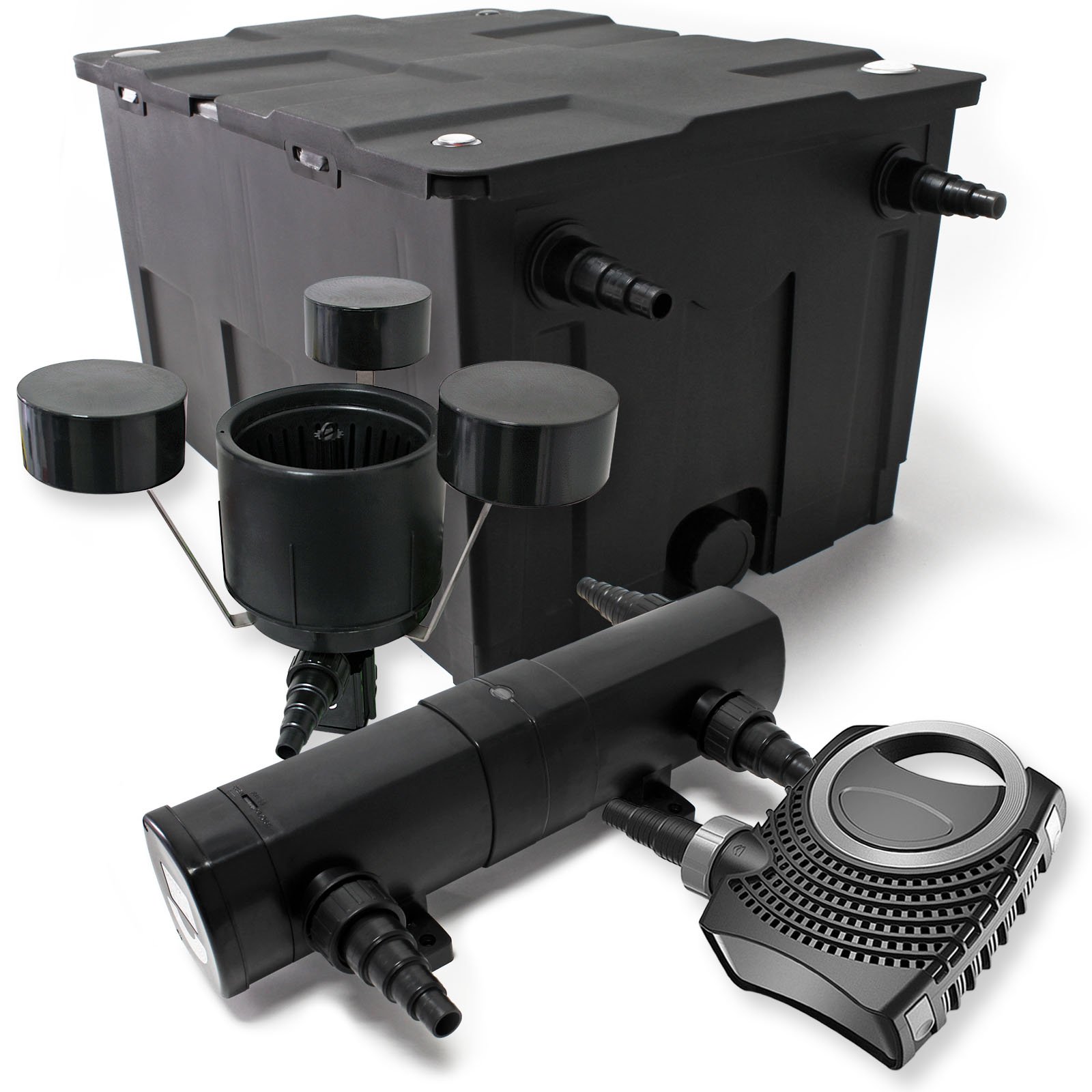 Wiltec Kit complet: CBF-550 Filtre de bassin jusqu'à 60000 L Biologique, NEO10000 pompe de filtration 10000l/h 80W, CUV-236 lampe uv UVC Clarificateur avec 36W, CSP-250 Écumeur 2500l/h 45W