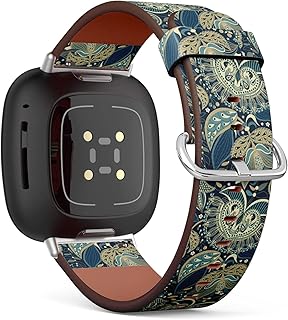 CJBROES Replacement Leather Watch Band, Compatible with Fitbit Versa 3 and Fitbit Sense of Wristband Bracelet Accessory - Blue Ethnic Paisley