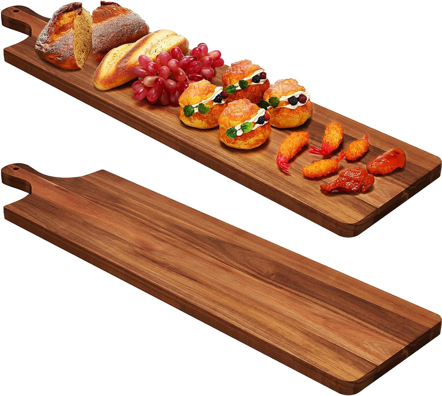 Bokon 2 Pcs 23 x 7 Inch Acacia Wooden Charcuterie Boards Acacia Serving Board with Handle Rectangular Acacia Wood Tray Wooden Serving Platter Natural Wood Server for Cheese Food