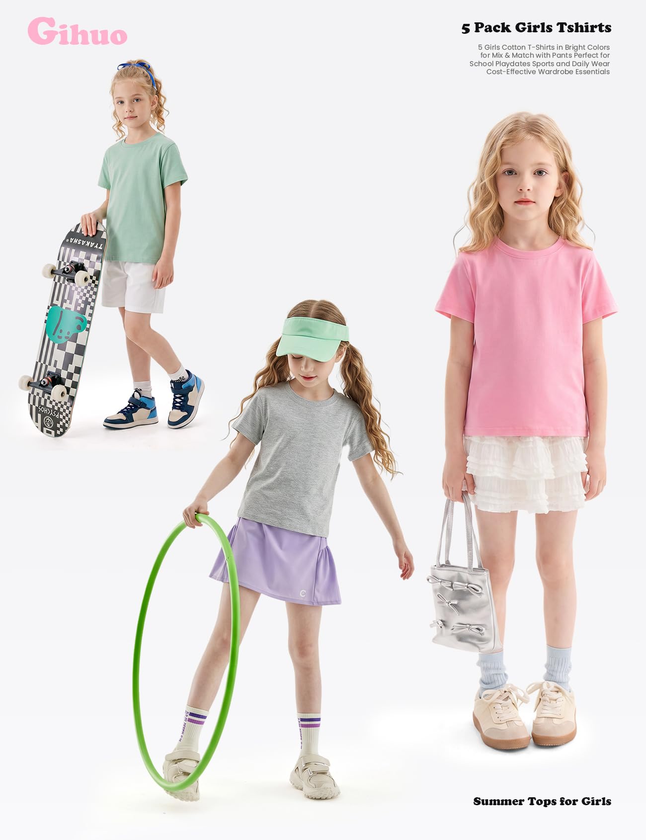 Gihuo Baumwoll-T-Shirts für Mädchen, 5er-Pack, kurzärmelig, weiche Sommer-Tops für Kinder von 5–14 Jahren