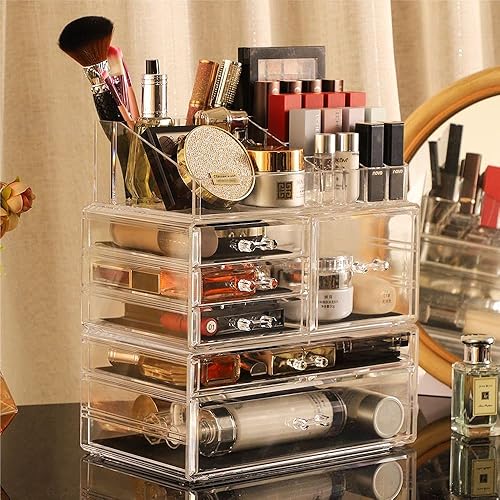 Miniatura 10 de Organizador de maquillaje grande transparente y almacenamiento para tocador, vitrinas de cosméticos acrílicos con cajones apilables para mostrador