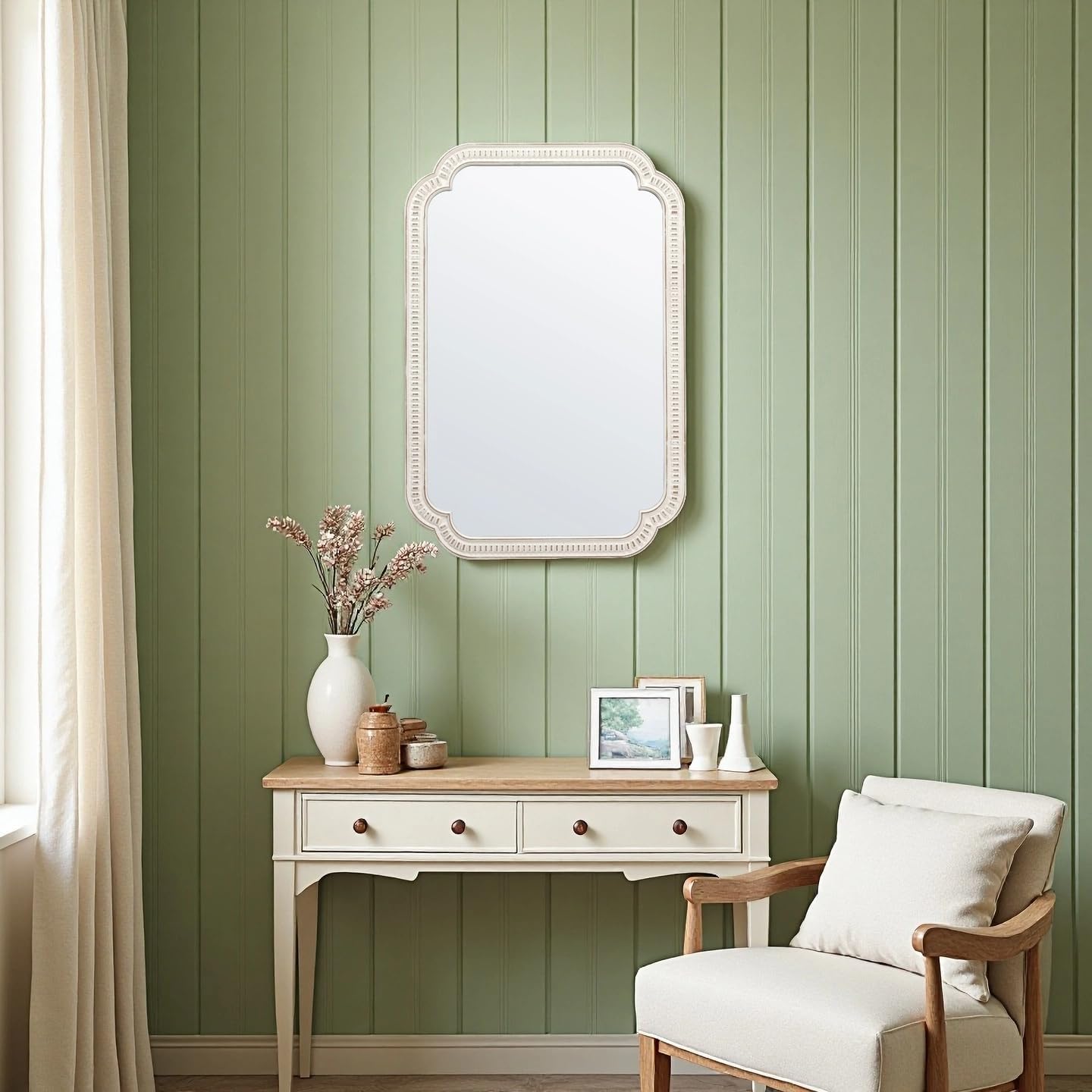 Rustic White Mirrors for Bathroom 24 X 36, Hanging Distressed Finish Carved Wood Scalloped Farmhouse Wall Mirror, Decorative Arched Corner Vintage Mirror, Boho Rectangular Mirrors