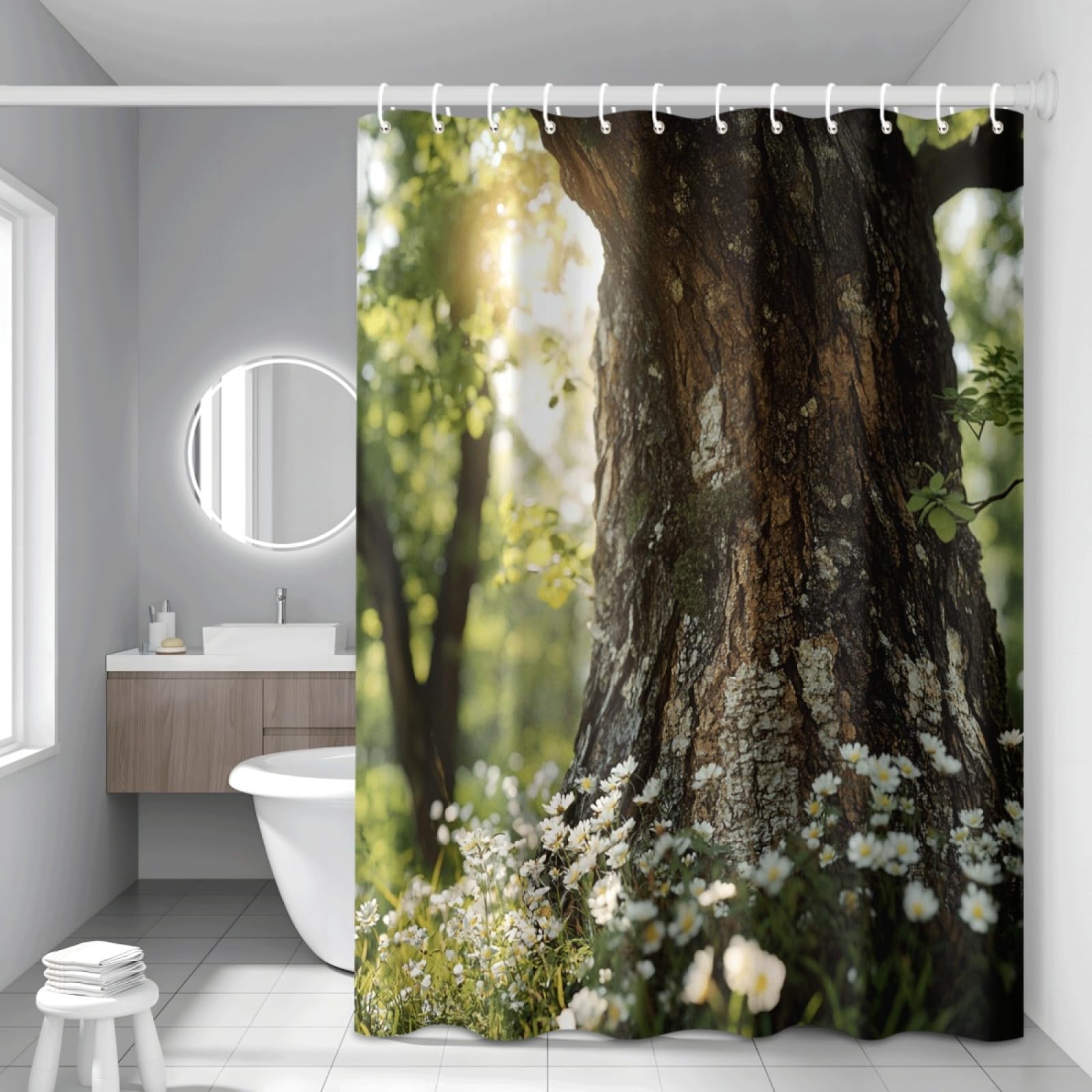 Shower curtain lavable pour une salle de bain zen au motif floral marron et blanc