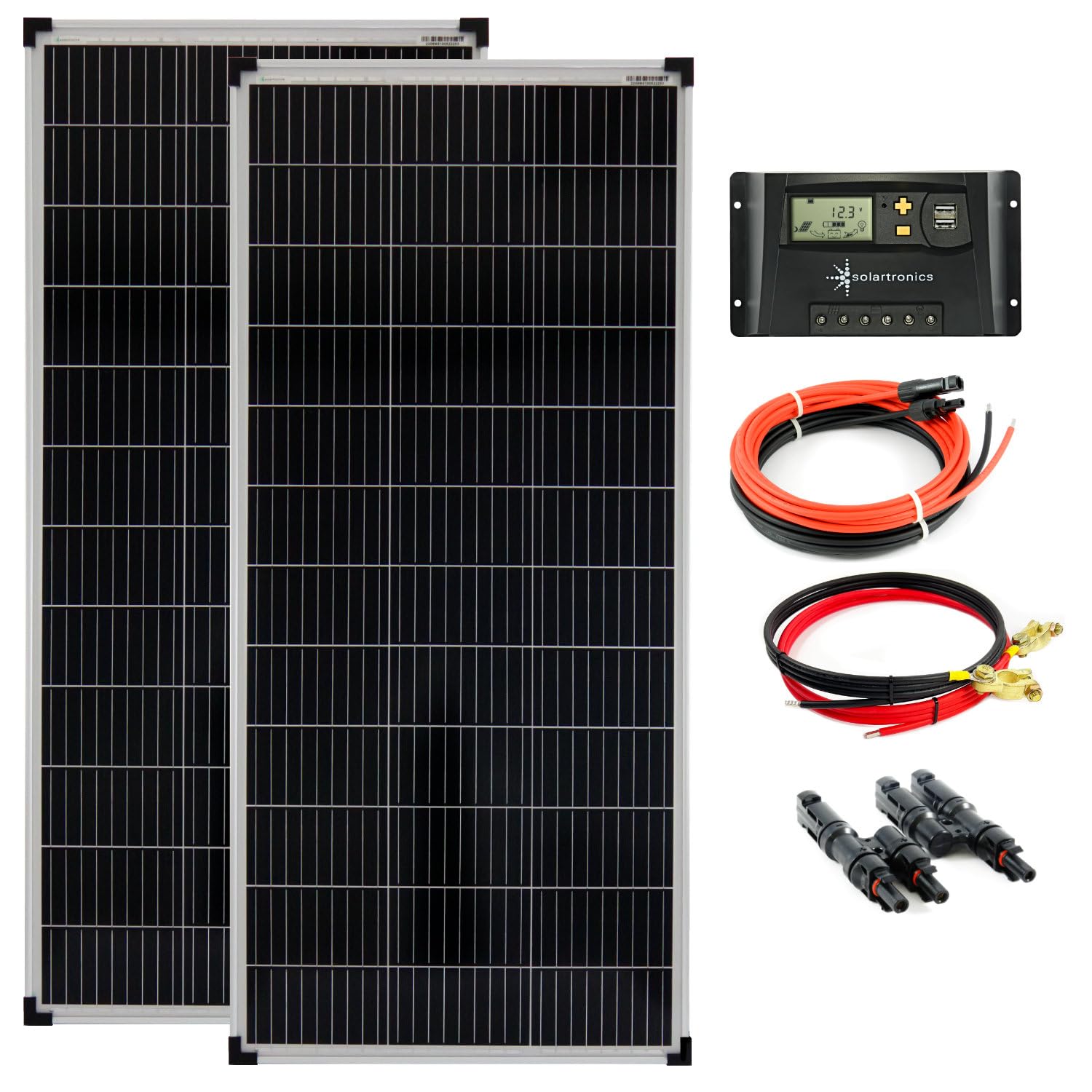 SOLARTRONICS Inselanlage Komplettset: 2x 100W monokristalline Solarmodul + 20A Laderegler + PV Kabel + Solar Y-Stecker