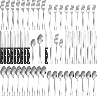 60-Piece Silverware Set with Steak Knives Stainless Steel Flatware Set for 10 Food Grade Tableware Cutlery Set Rust-proof, Mirror Polished, Dishwasher Safe