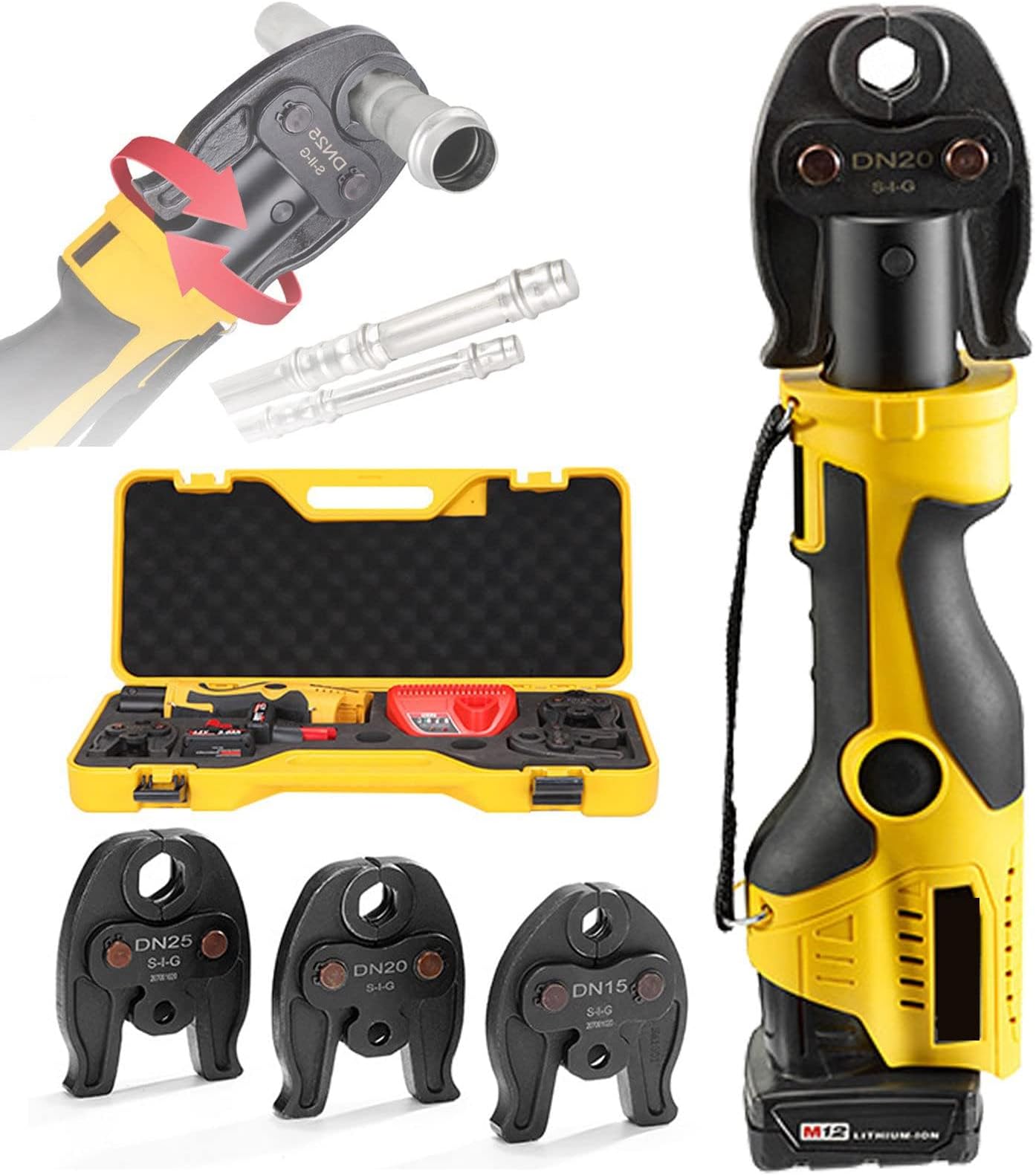 Pro Press Tool for Copper Pipe, Compact Press Tool, Battery Powered Hydraulic Pipe Pressing Tools with 2 X 12V Batteries,3 Jaws,Automatic Reset,for Pipe Diameter from 16 to 28.6mm 2series