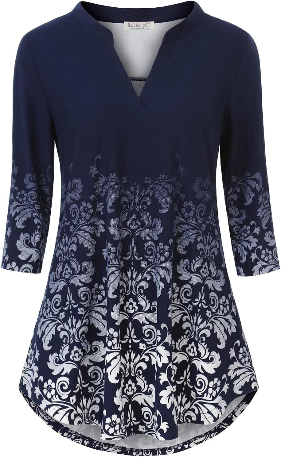 BAISHENGGT 3/4 Sleeve Tops for Women Notch V Neck Floral Work Blouses Dressy Casual Loose Fit Going Out Tunic Tops