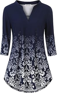 Womens 3/4 Sleeve Floral Printed Notch V Neck Blouses...