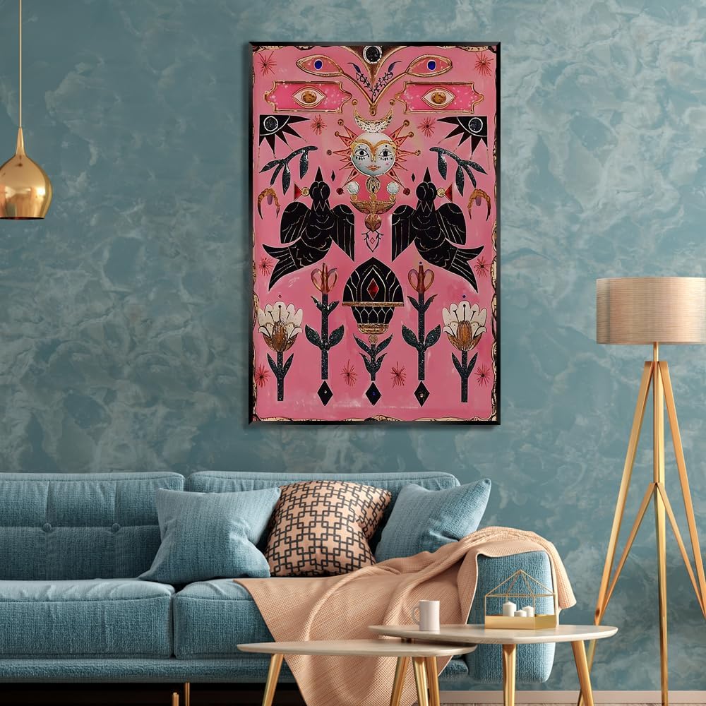 Pink Mystical Moon Goddess Canvas Poster Vintage Gothic Folk Magic Symbolism Wall Art Surreal Celestial Witchy Aesthetic Home Decor Bohemian Occult Crow Picture for Bedroom 12x16inch Metal Black Frame