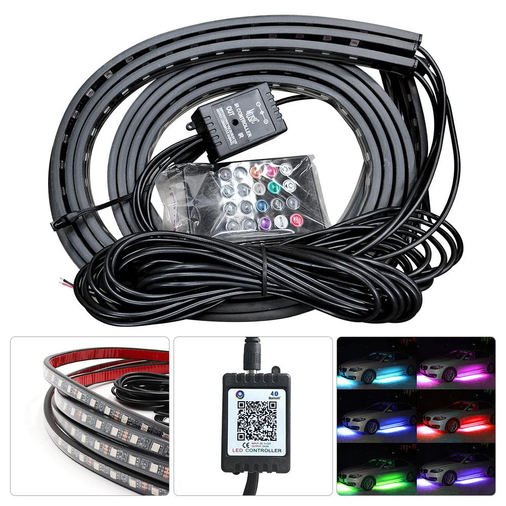 4PCS APP Control Car Flexible 12V LED Strip Ambiente decorativo LED RGB Under Car Glow Underbody Lights System Kit de luces de neón-60x2 y 180x2 cm