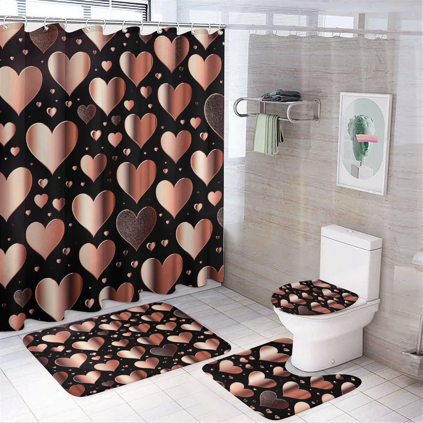 Rideau de douche et tapis anti-glisse ensemble salle de bain cœur or rose