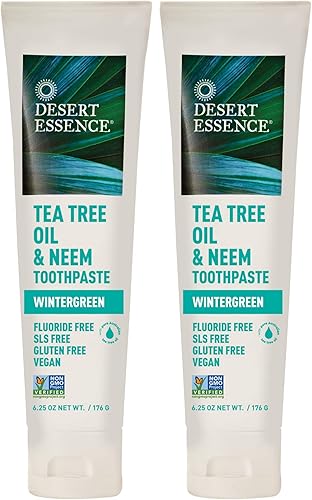 Desert Essence Aceite de árbol de té y pasta de dientes de neem, 6.25 onzas, paquete de 2, sabor rico y refrescante, bicarbonato de sodio y aceite