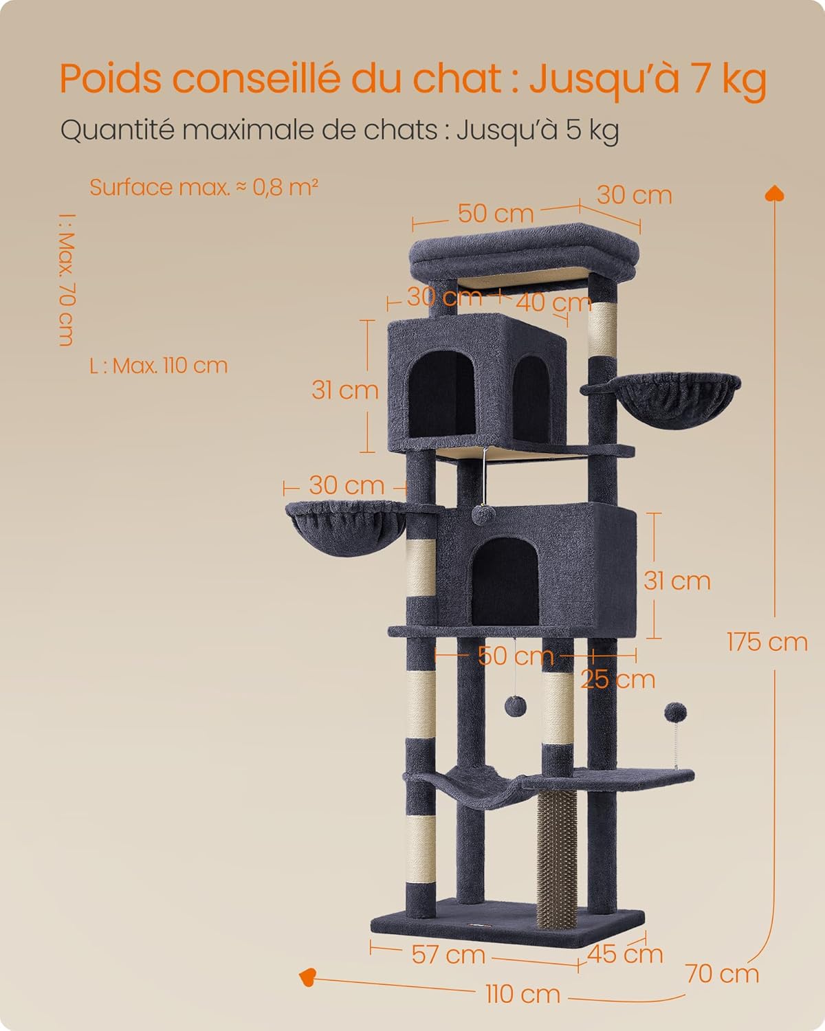 Detailed diagram of the Feandrea Grand Cat Tree with all dimensions labeled in centimeters, including height, width, and depth of platforms and overall structure.