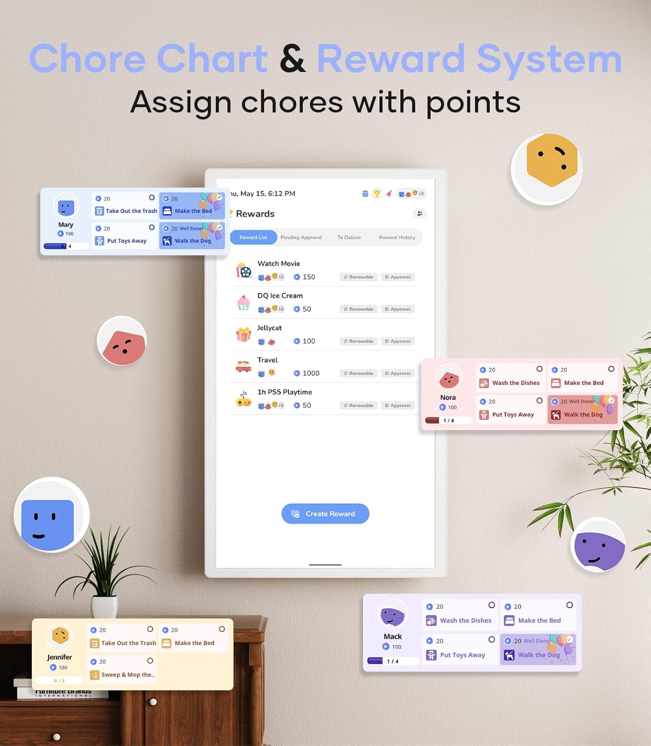 Cozyla Digital Calendar+ 2 displaying a chore chart with assigned tasks and a reward system interface.