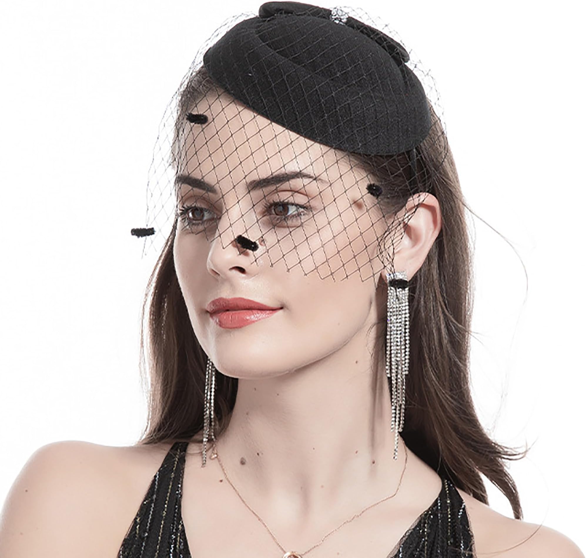 Women Cocktail Tea Party Pillbox Hat Vintage Veil Fascinator Hat Derby-Headwear