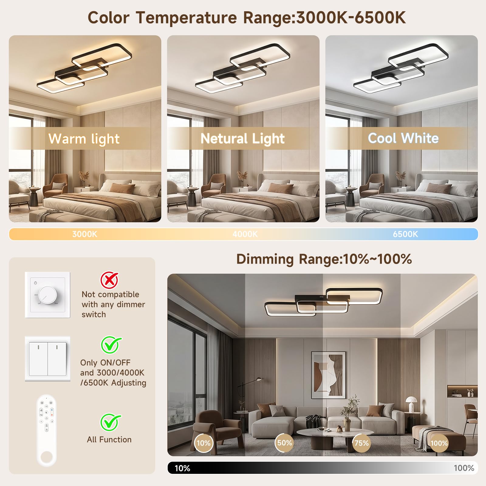 OTREN Lampa sufitowa LED 60 W, 6000 lm, regulowana za pomocą pilota 3000 K, 6500 K, pamięć i blokada, lampka nocna i timer do salonu, sypialni, kuchni, 82 cm, czarna