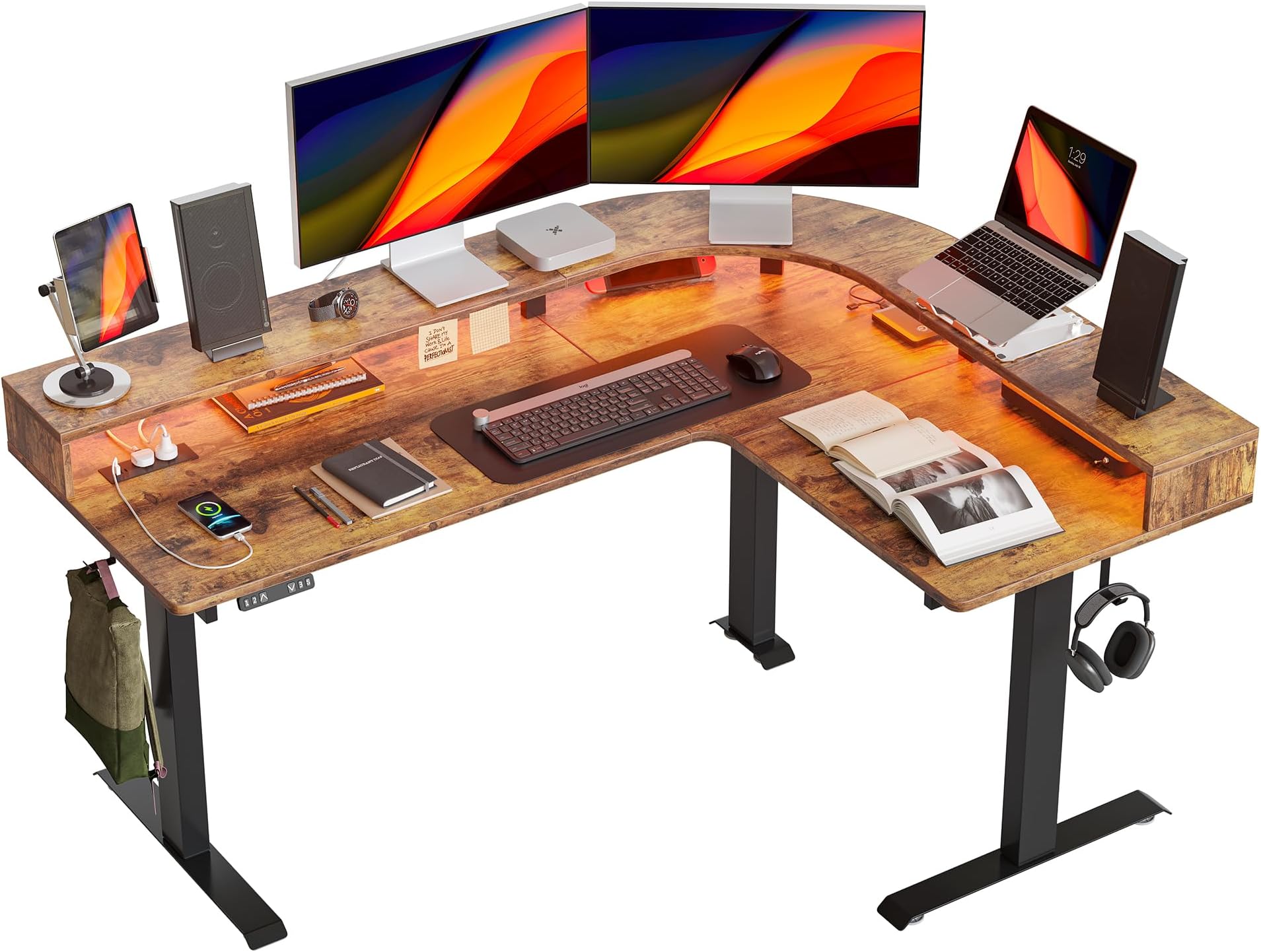 L Shaped Standing Desk with Arc LED & Power Outlet, Exclusive Uprated 3 Motors Support 330LBS, Electric Height Adjustable L Shaped Desk with Large Monitor Stand, for Home Office, Rustic Brown