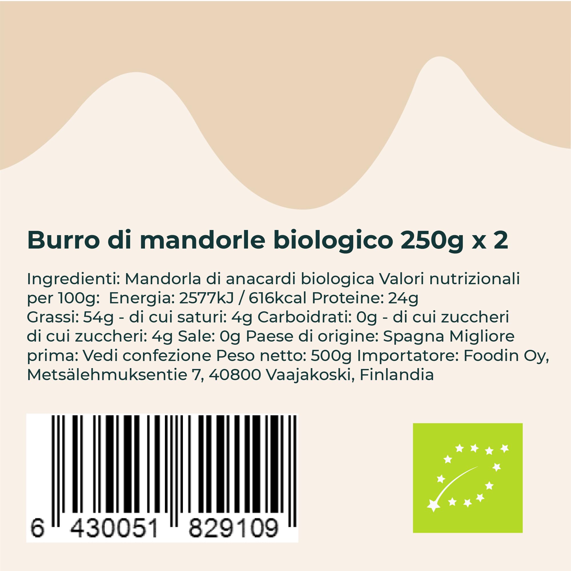 FOODIN Burro di Mandorle Marroni Bio in Vasetto di Vetro – 100% Mandorle Bio, Crema Spalmabile Naturale, Fonte di Proteine e Acidi Grassi, Senza Glutine, Vegano - (2 x 250 g)
