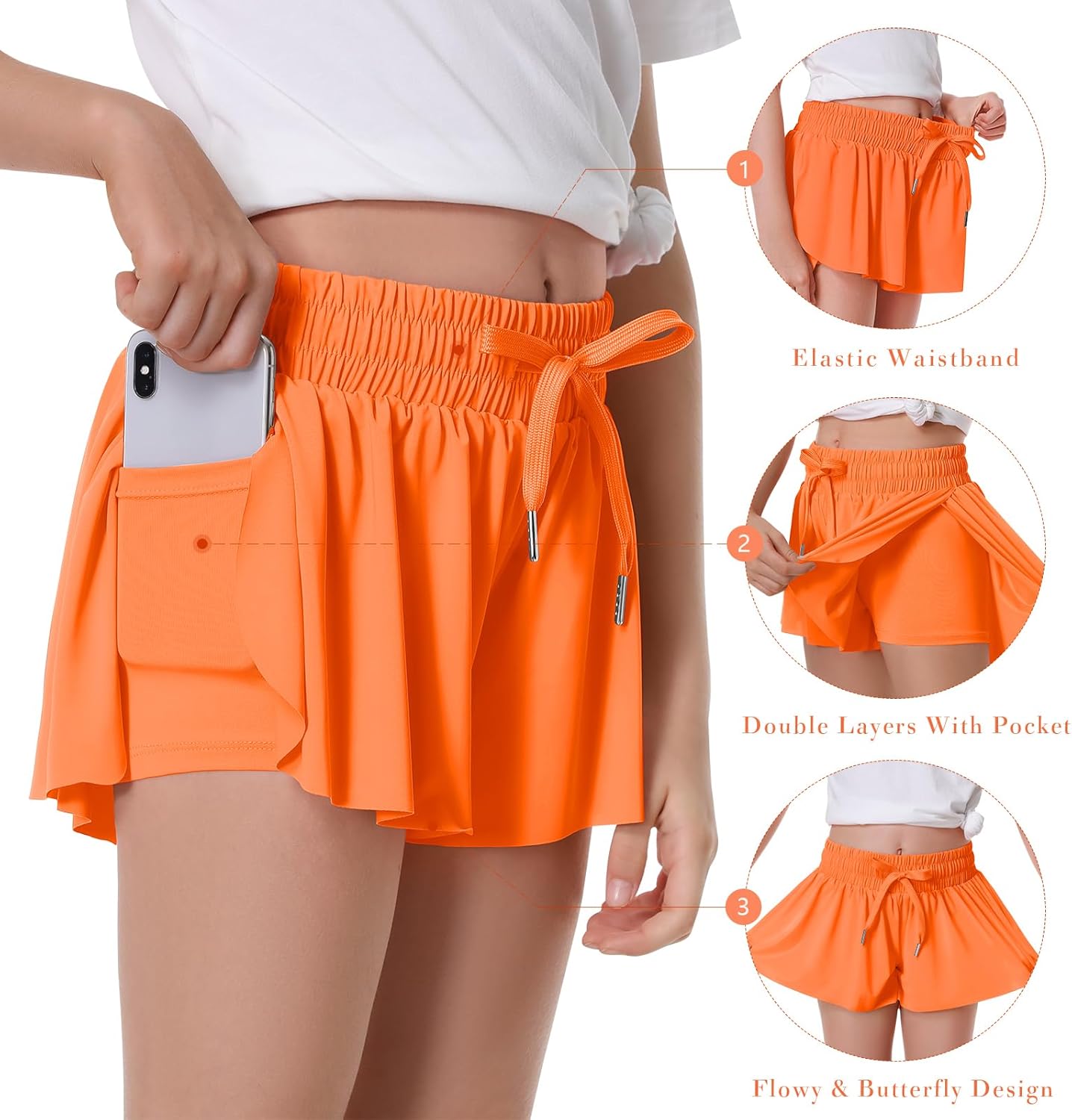 Girls Flowy Shorts Butterfly Shorts for Kids with Pocket 2-in-1 Athletic Shorts Running Shorts for Girls - Image 3