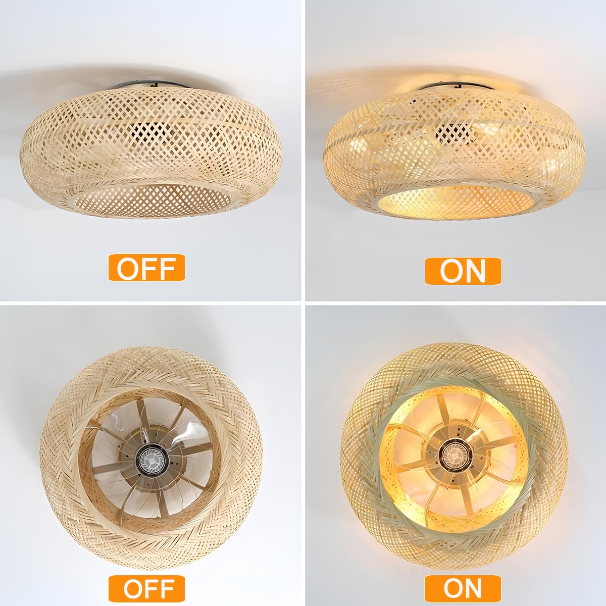 Ventilateur de Plafond Rétro E27 avec Lumière et Télécommande Silencieux Tissage Bambou Rotin Naturel pour Salon Chambre