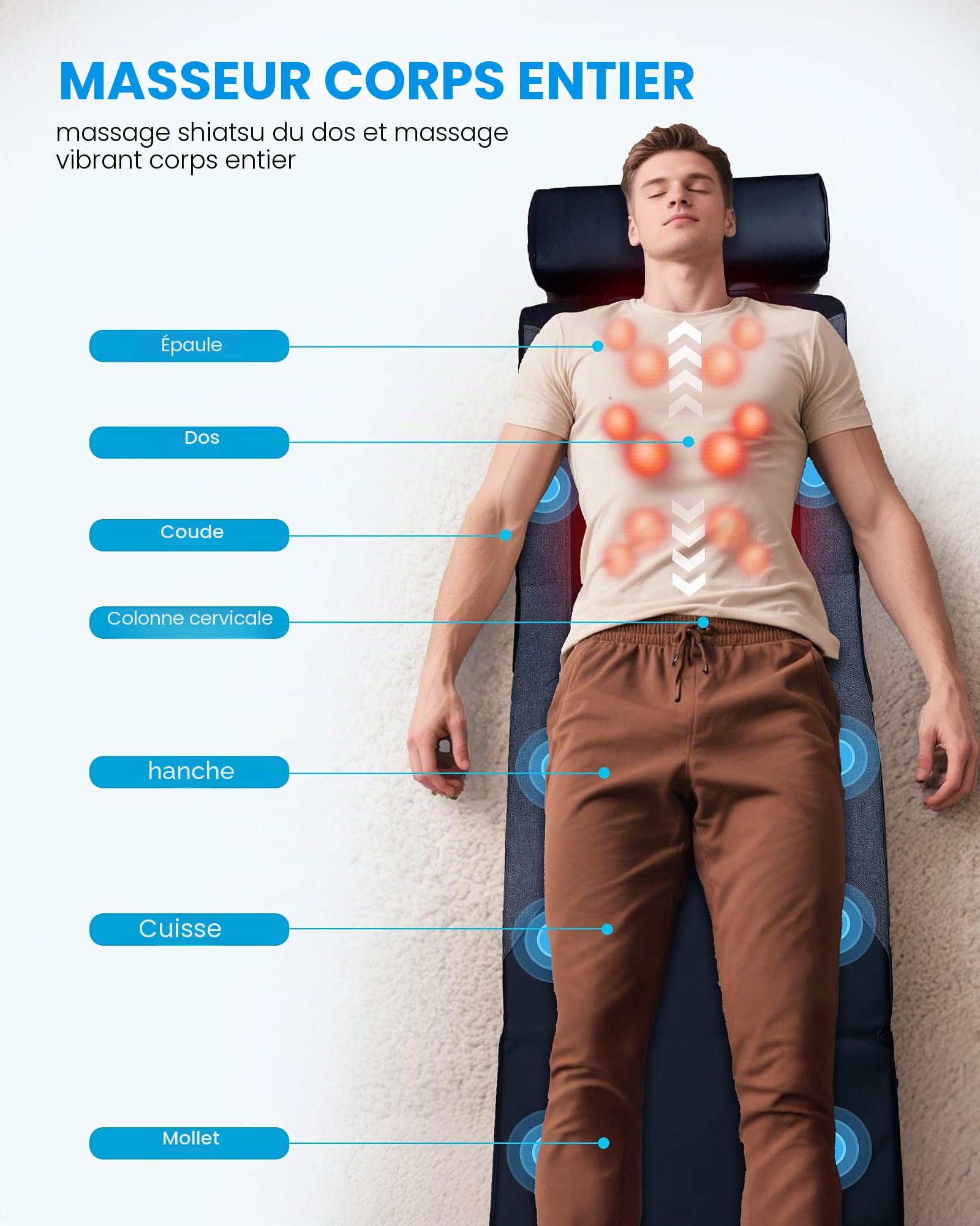 COMFIER Tapis de massage avec fonction chaleur, massage shiatsu du dos, pétrissage profond et vibration, pour chaise, canapé et lit, cadeau pour maman et papa
