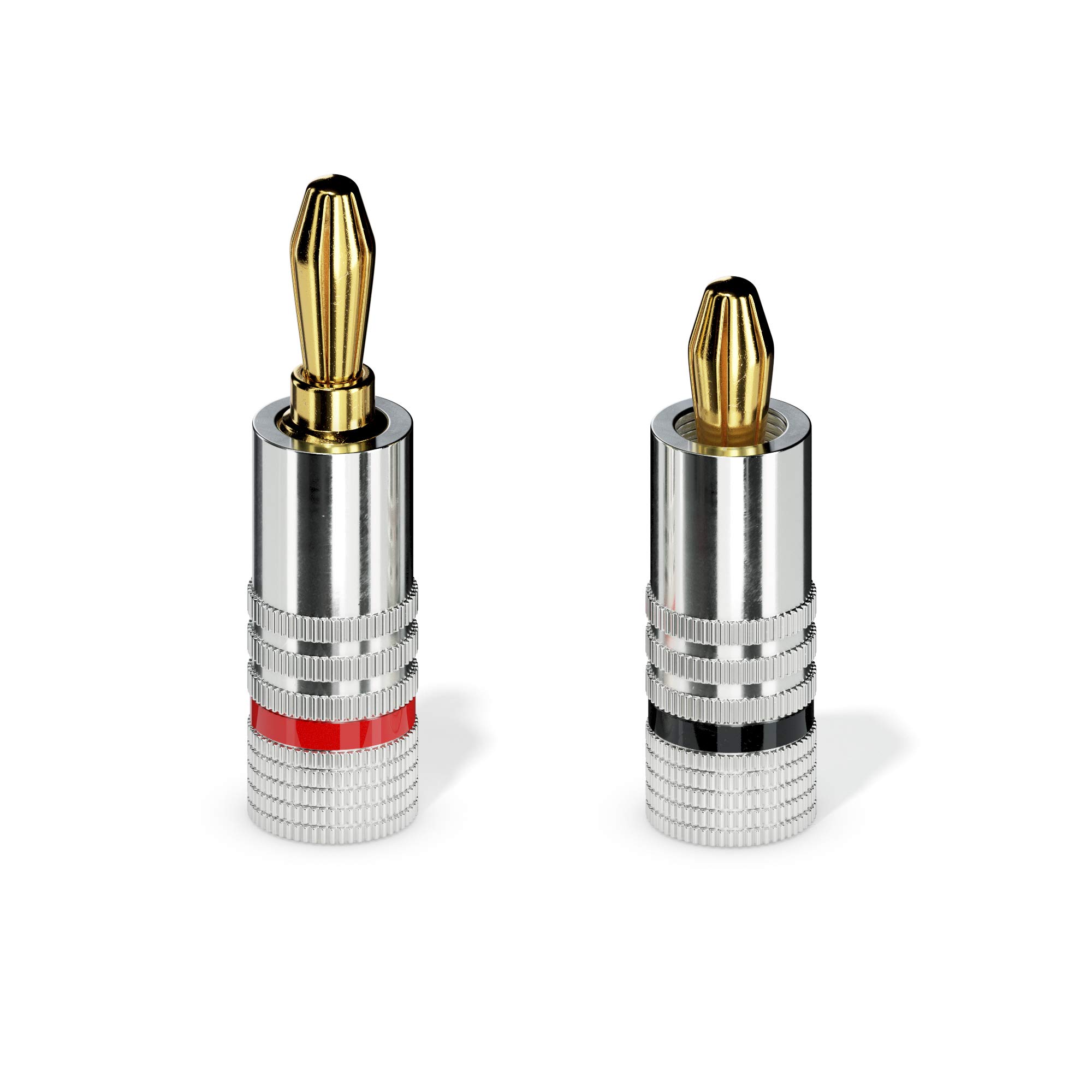 conecto CC50640 bananenstekker high-end professioneel (100% koper!) voor alle luidsprekerkabels met een diameter van max. 6 mm², 4 stuks met kleurcodering (2X rood, 2X zwart), 24k verguld