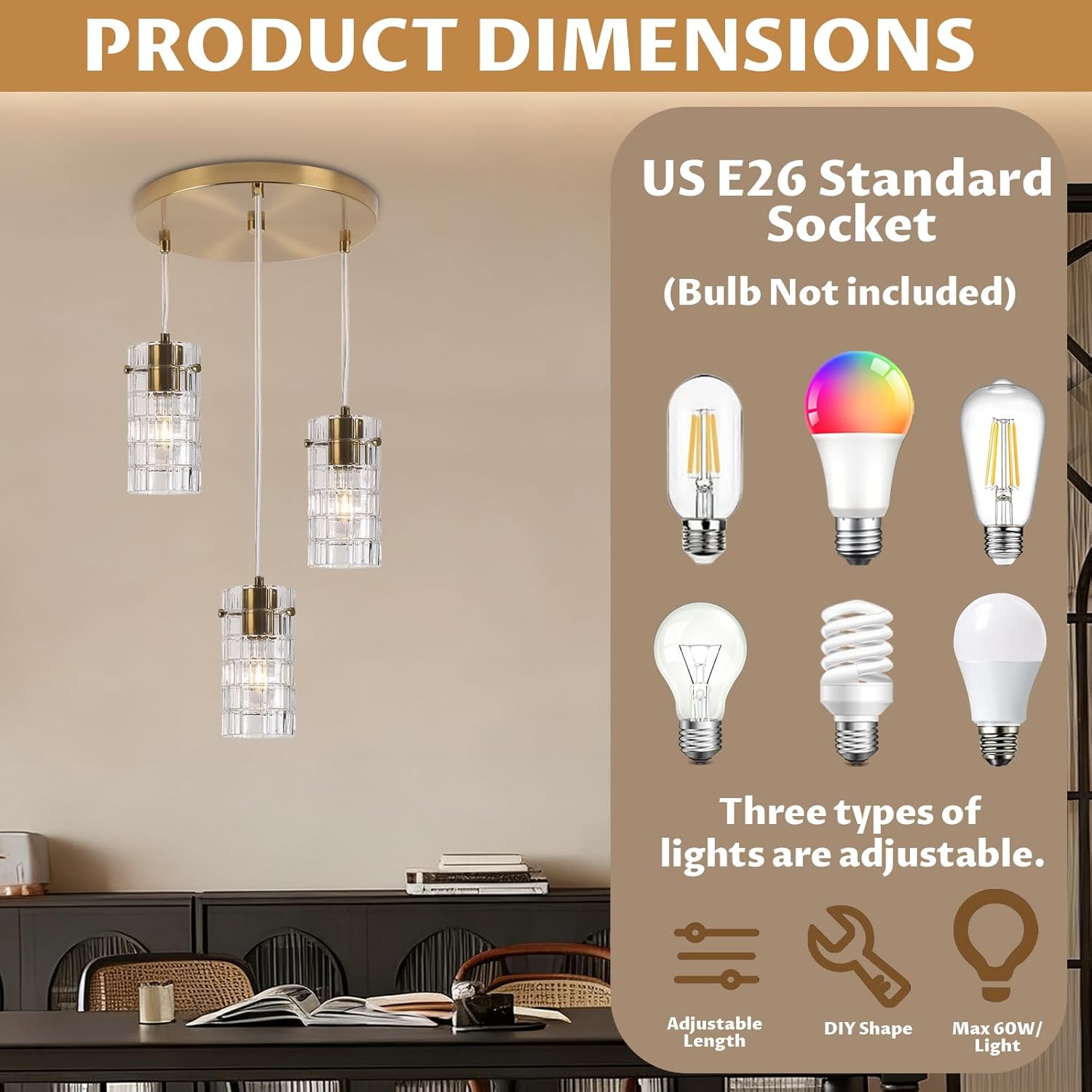 Modern Glass Pendant Light, Copper Finish 3-Light Chandelier for Kitchen Island/Dining, Height Adjustable, E26 Sockets, Bulbs Not Included