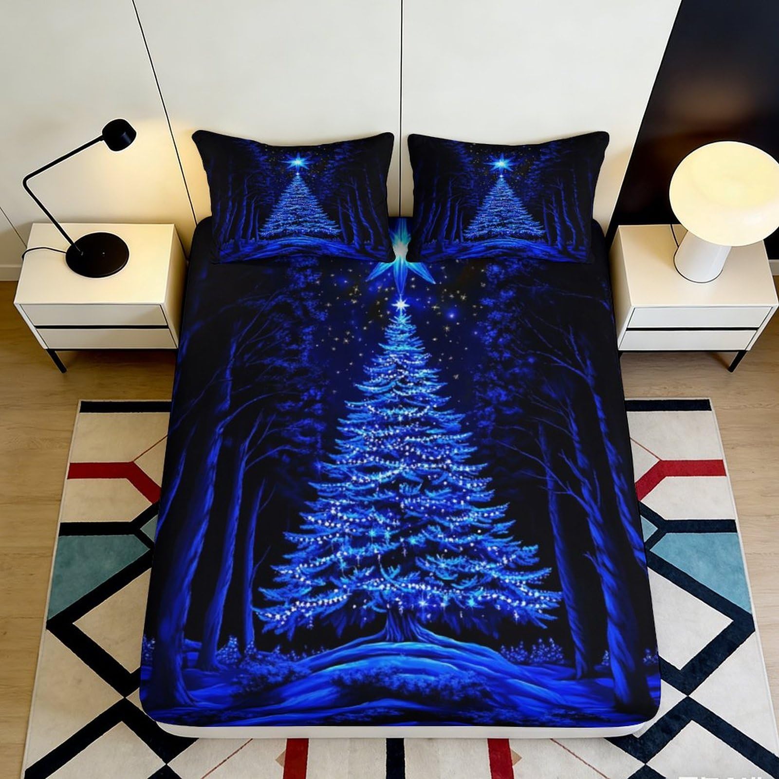 3D Printed Night Sky Christmas Tree Fitted Sheet Microfiber Deep Pocket Elastic Hem Night Sky Christmas Tree Mattress Fitted Cover 90x200x25cm