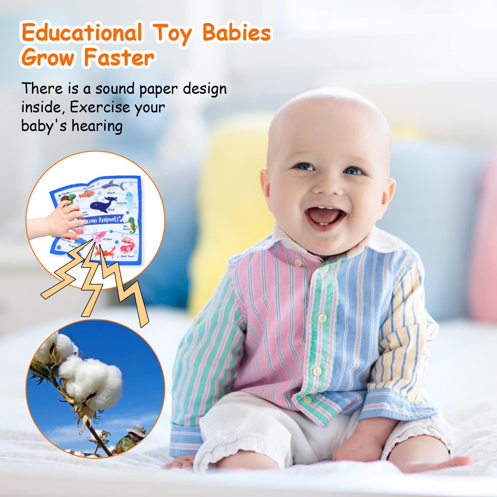Vicloon Livre Tissu Bébé,Jouet Bébé Boîte à Mouchoirs+4 Morceaux de Papier + 15 Gaze avec Couleurs,Textures,Sons-Nouveaux Jouets Sensoriel Jeux Montessori pour Bébés de 6 à 18 Mois