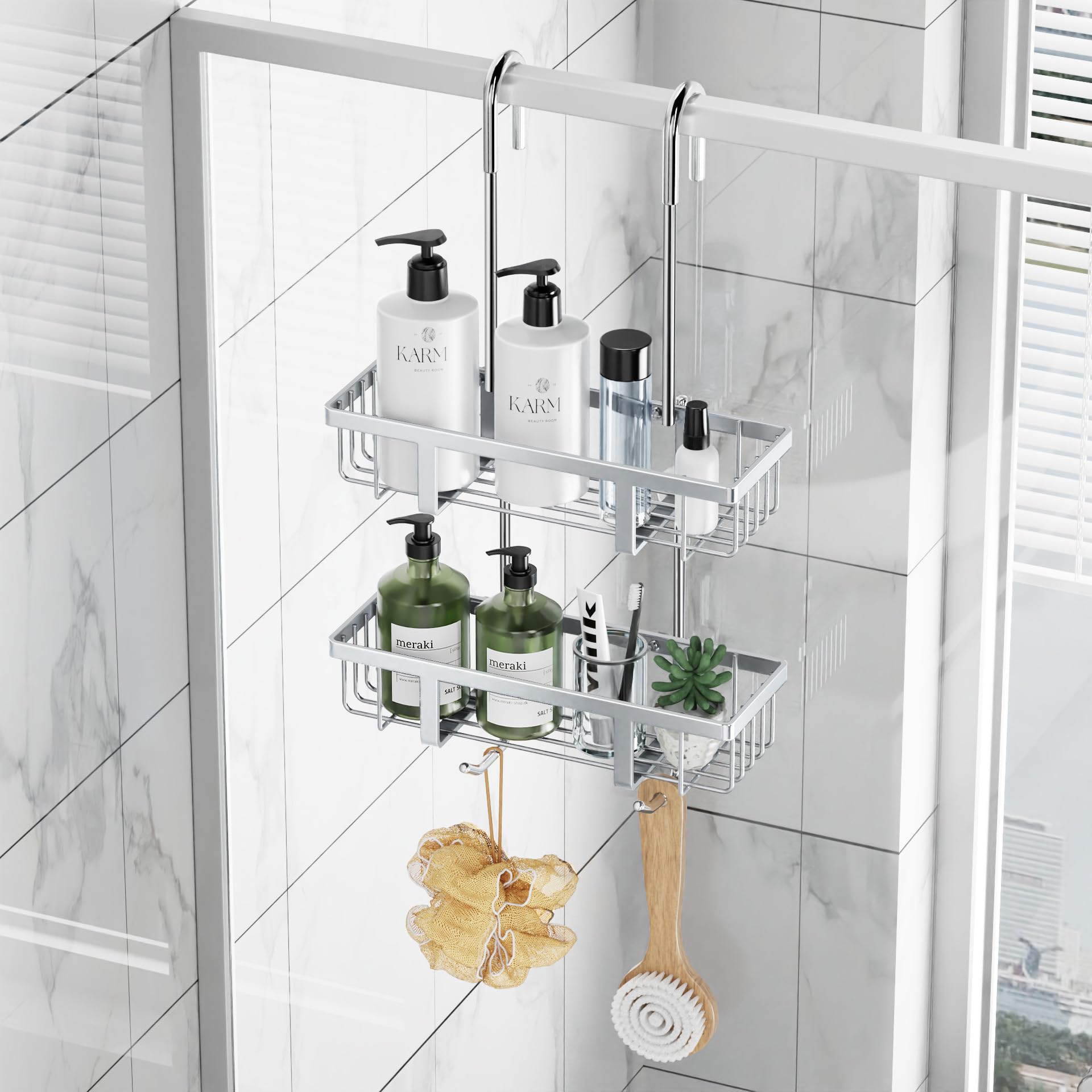 Pickpiff Mensoladoccia da appendere, mensola shampoo, supporto in vetro, cestino senza foratura, shampoo, supporto in gel, in acciaio inox, argento, altezza 57 cm