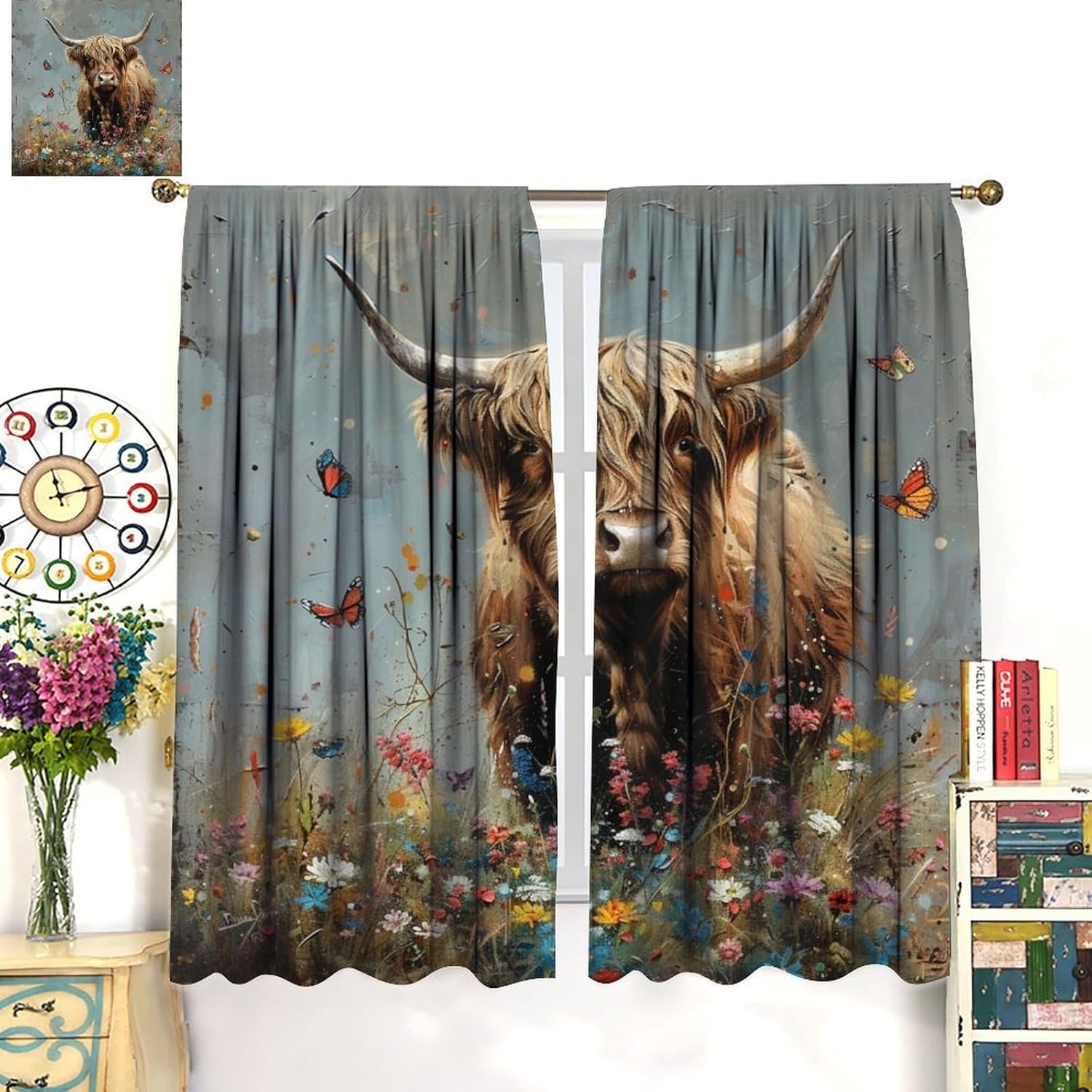 Vintage Daisy Cow Blackout Curtains for Bedroom Living Room, Cattle Grassland Daisy Floral Animal Curtains Rod Pocket Thermal Insulated Window Drapes, 2 Panels/Each 21" W x 63" L