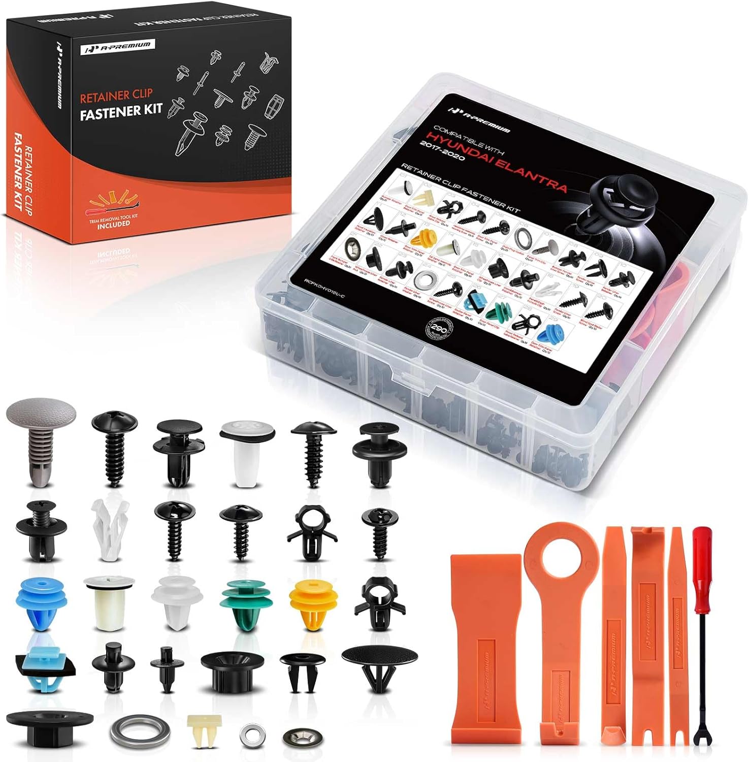 A-Premium 290 PCS 29 Sizes Car Retainer Clip Kit Compatible with Hyundai Elantra 2017-2020 Fender Liner Push Sizes Retainer Auto Push Pin Plastic Rivet Fastener Replacement Set, w/Removal Tool