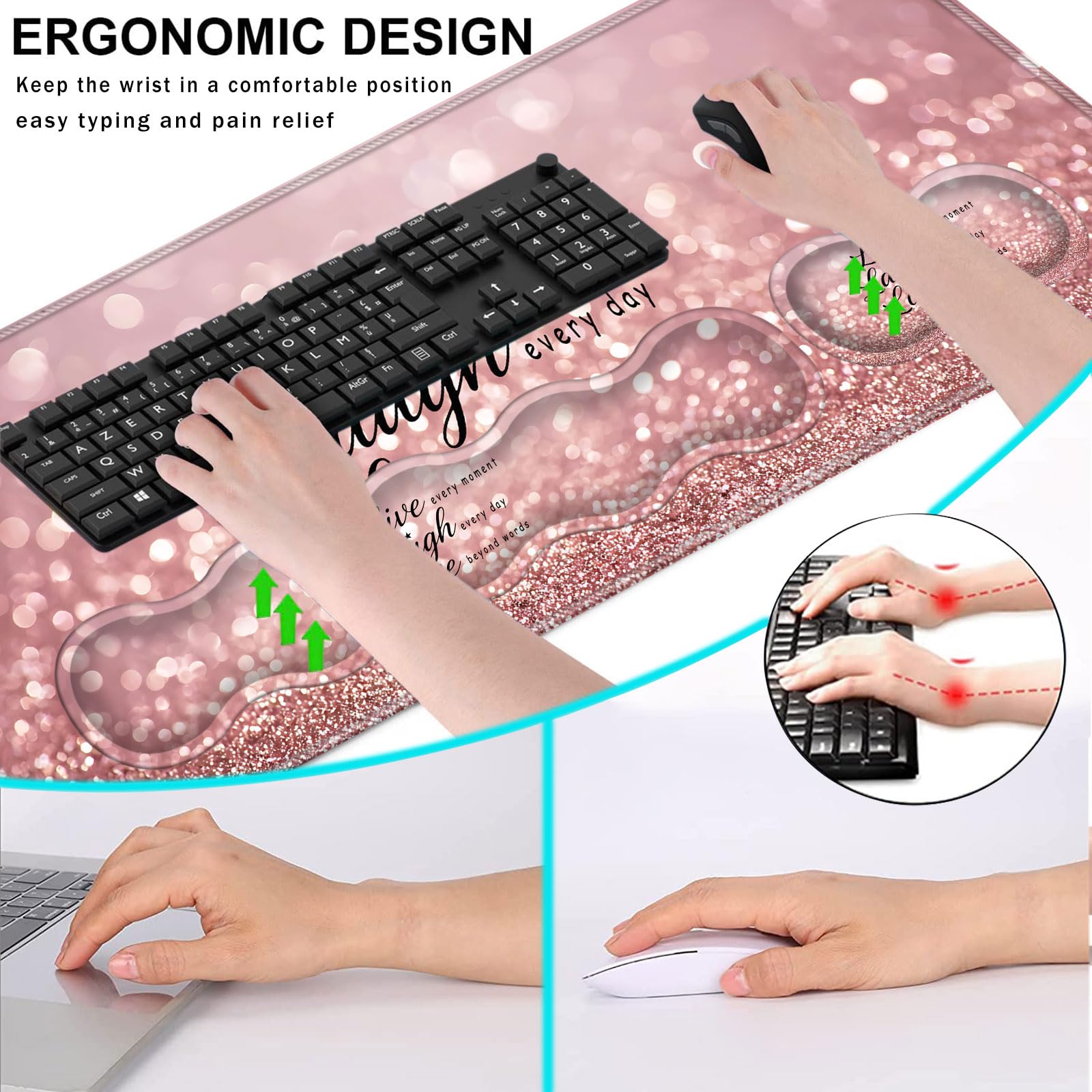 Poggiapolsi per tastiera e tappetino per mouse con supporto per il polso, set di sottobicchieri ergonomici, memory foam, facile da digitare, sollievo dal dolore, tappetino da scrivania grande XL 80 x