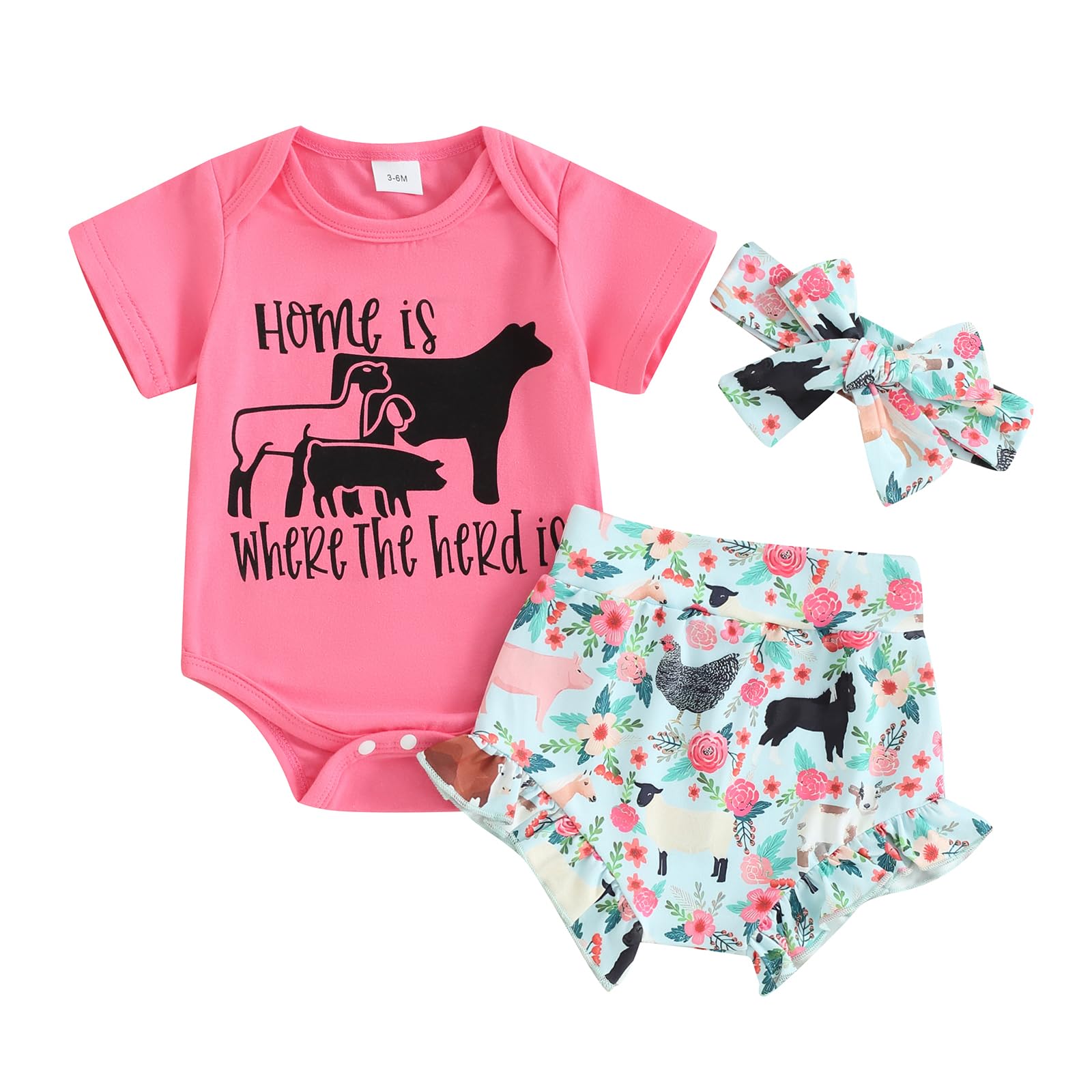 Hnyenmcko Western Baby Girl Clothes Boho Cow Print Short Sleeve T Shirt Top + Bloomer Shorts Set Infant Summer Outfits (Magenta, 3-6 Months)