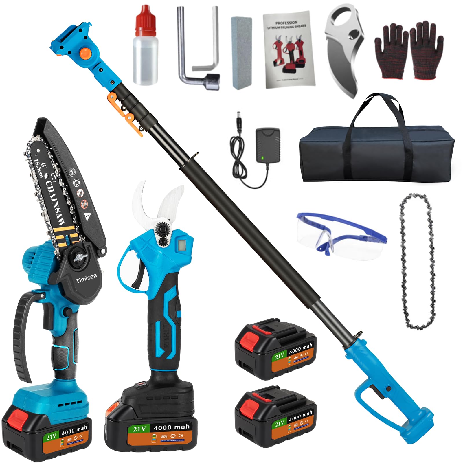 Juego de jardín 4 en 1 con batería de cortasetos telescópica de 3 cm, motosierra de 6 pulgadas, podadora y accesorios, batería de 21 V, barra telescópica de 2,6 m, 2 x 4000 mAh de litio