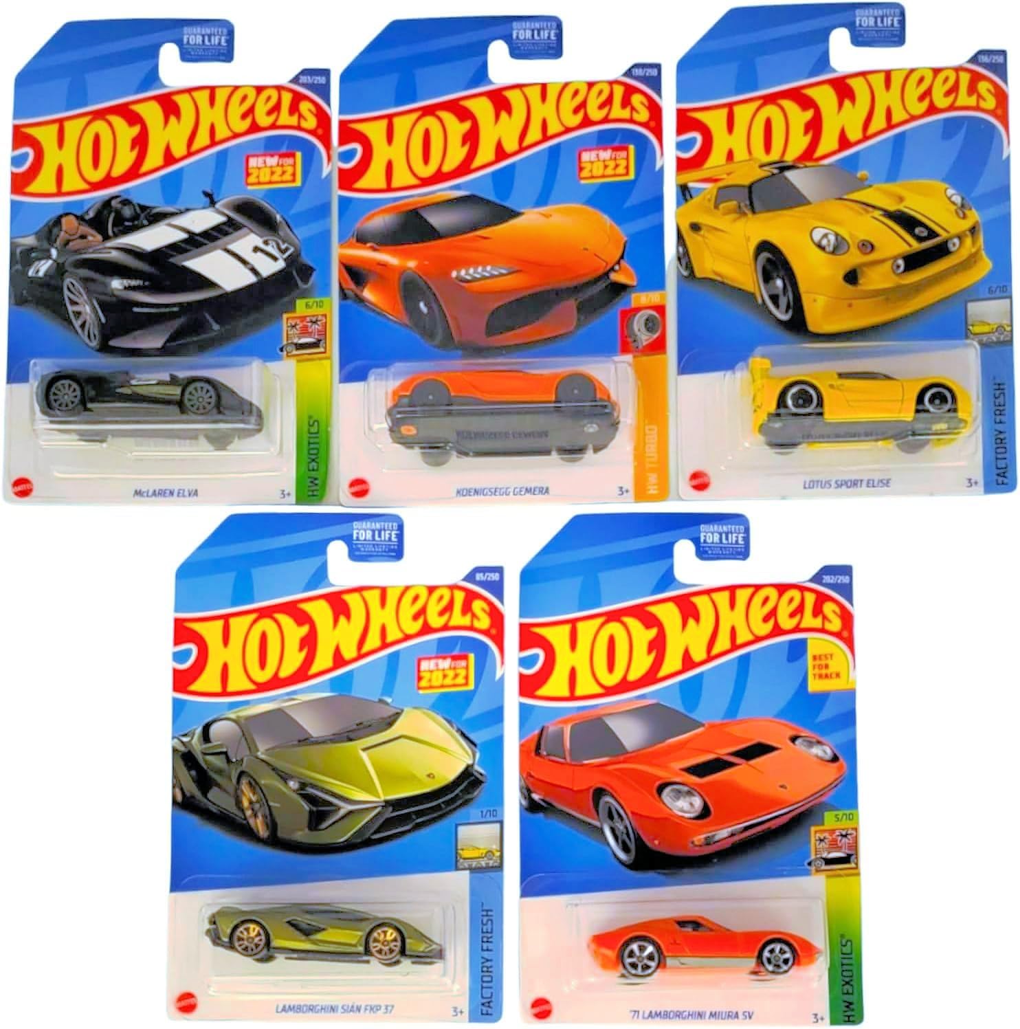 Hot Wheels 2022 Exotics Super Car 5‑Pack – McLaren Elva, ‘71 Lamborghini Miura SV, Sian FKP 37, Lotus Elise & Koenigsegg Gemera | Die-Cast Metal 1:64 Scale | L2593 Limited Edition