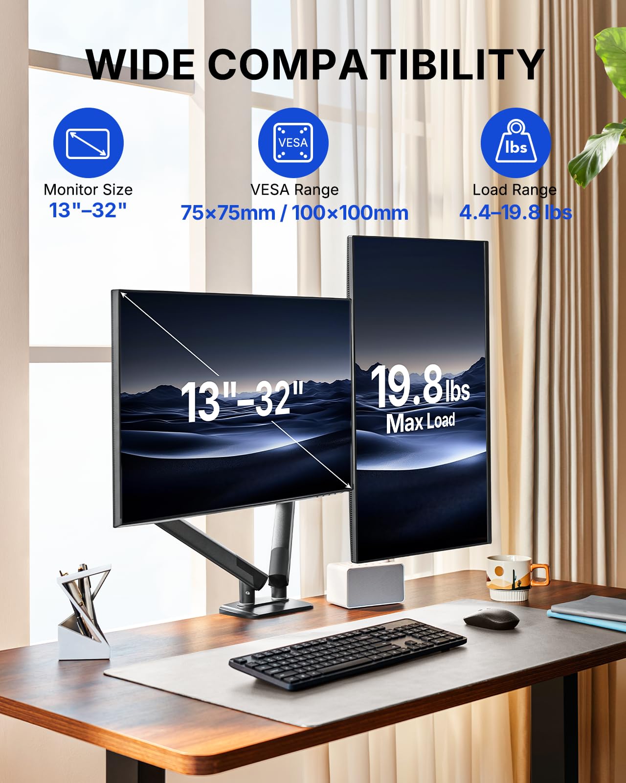 HUANUO uchwyt na 2 monitory 13–32 cale, uchwyt na ekran z mechanizmem MechaSpring do 9 kg, uchwyt na monitor FlowLift Pro (nachelanie/wychylanie/rotacja) do montażu bez narzędzi VESA 75/100 mm, do