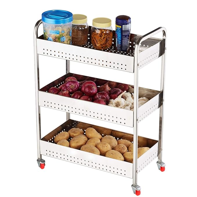 Ladki™ Stainless Steel 3 Tier Vegetable Trolley for Kitchen Vegetable