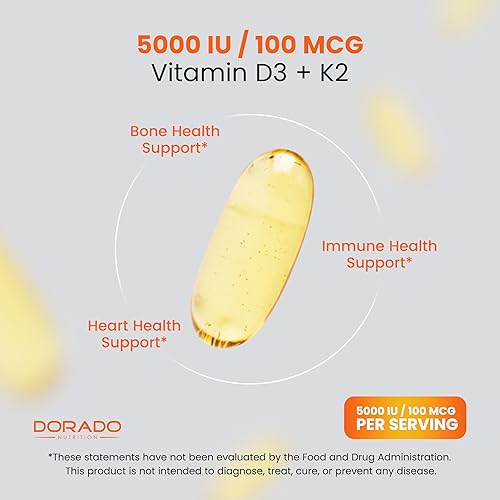 Miniatura 4 de Suplemento de vitamina D3 K2 (180 cápsulas blandas) Vitamina D3 K2 5000iu100mcg - Suplemento con D & K - Apoya la salud ósea e inmune para adultos -