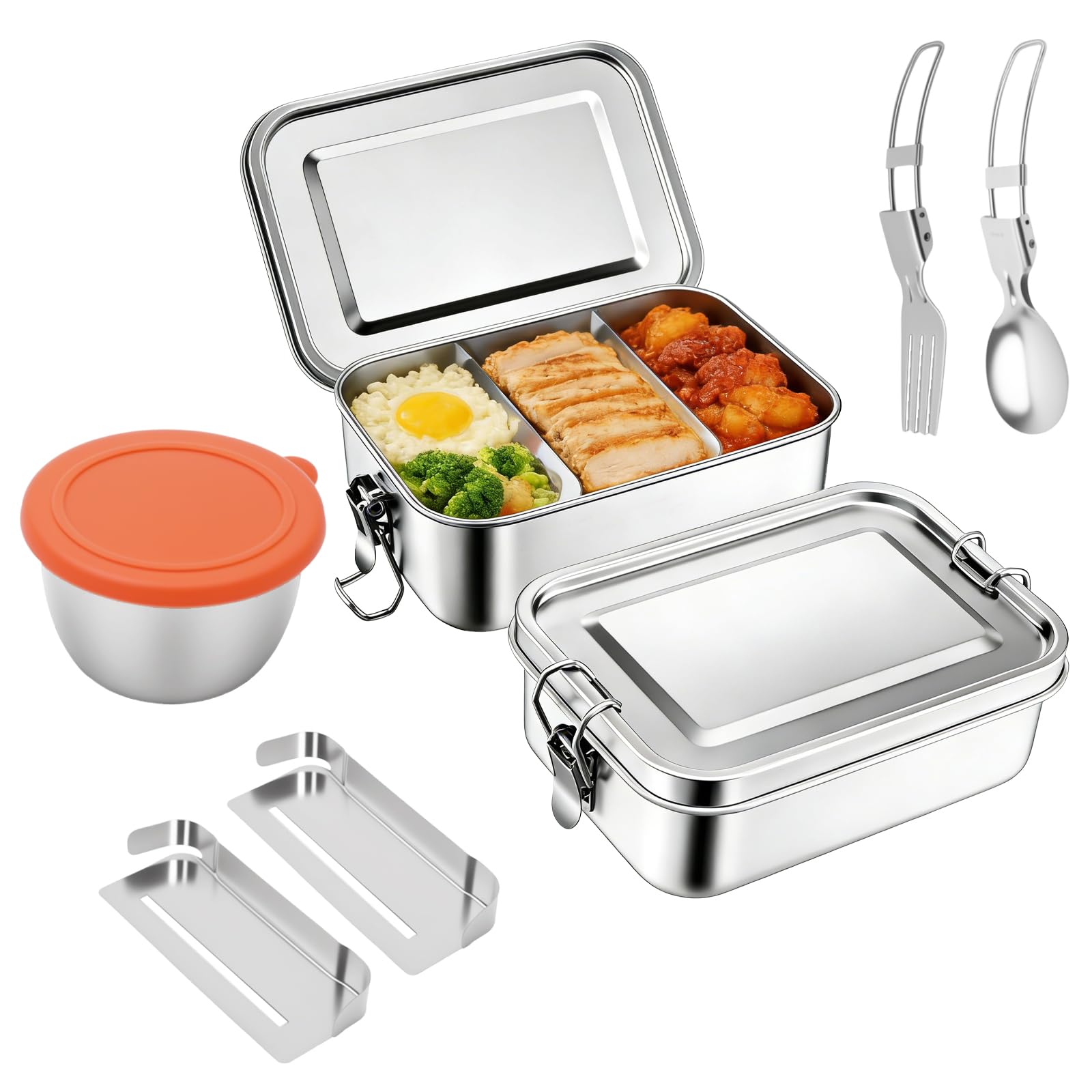 Lot de 2 grandes boîtes à déjeuner Bento en acier inoxydable avec couverts, 1400 ml avec compartiment amovible, portable, étanche, pour adultes, enfants, école, maison, bureau