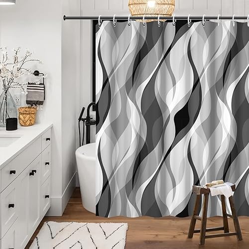 Miniatura 2 de Cortina de ducha gris, moderna cortina de ducha abstracta a rayas negras y grises para baño, cortina de ducha impermeable con ganchos, 72 x 72