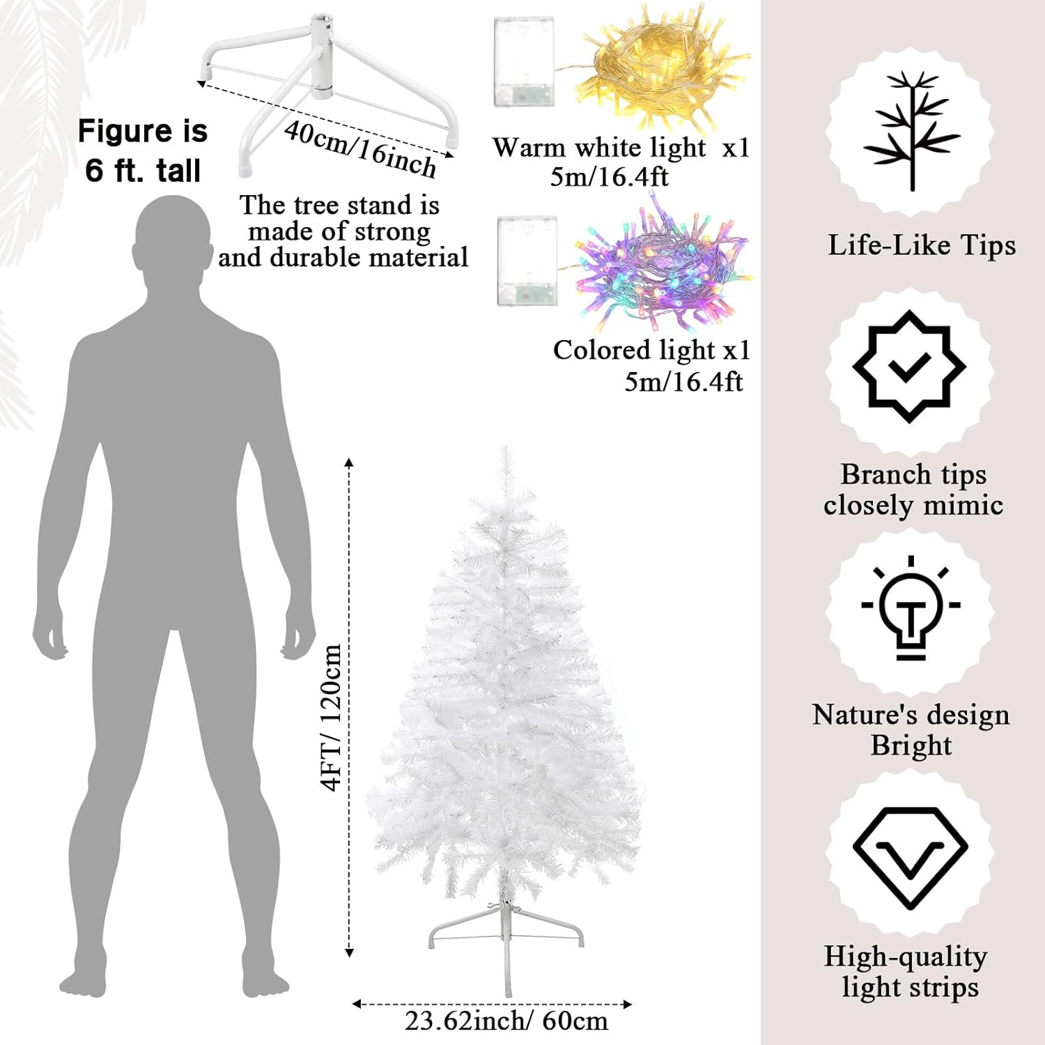 lunmon half christmas tree for wall corner artificial christmas tree with led lights metal stand xmas holiday decor for home indoor xmas party decoration(white,4ft)