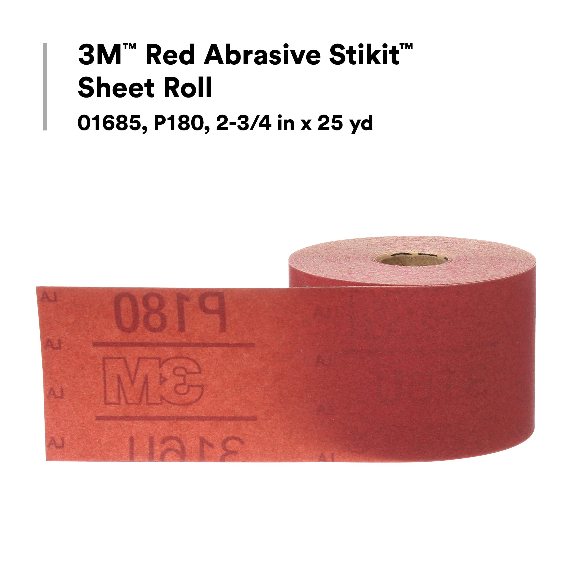 3M Stikit Red Abrasive Sheet Roll, 01685, No Hole, 2-3/4 in x 25 yd, 180+ Grade, Automotive Sanding Roll Sandpaper for Coating Removal, Body Repair, Auto Sanding