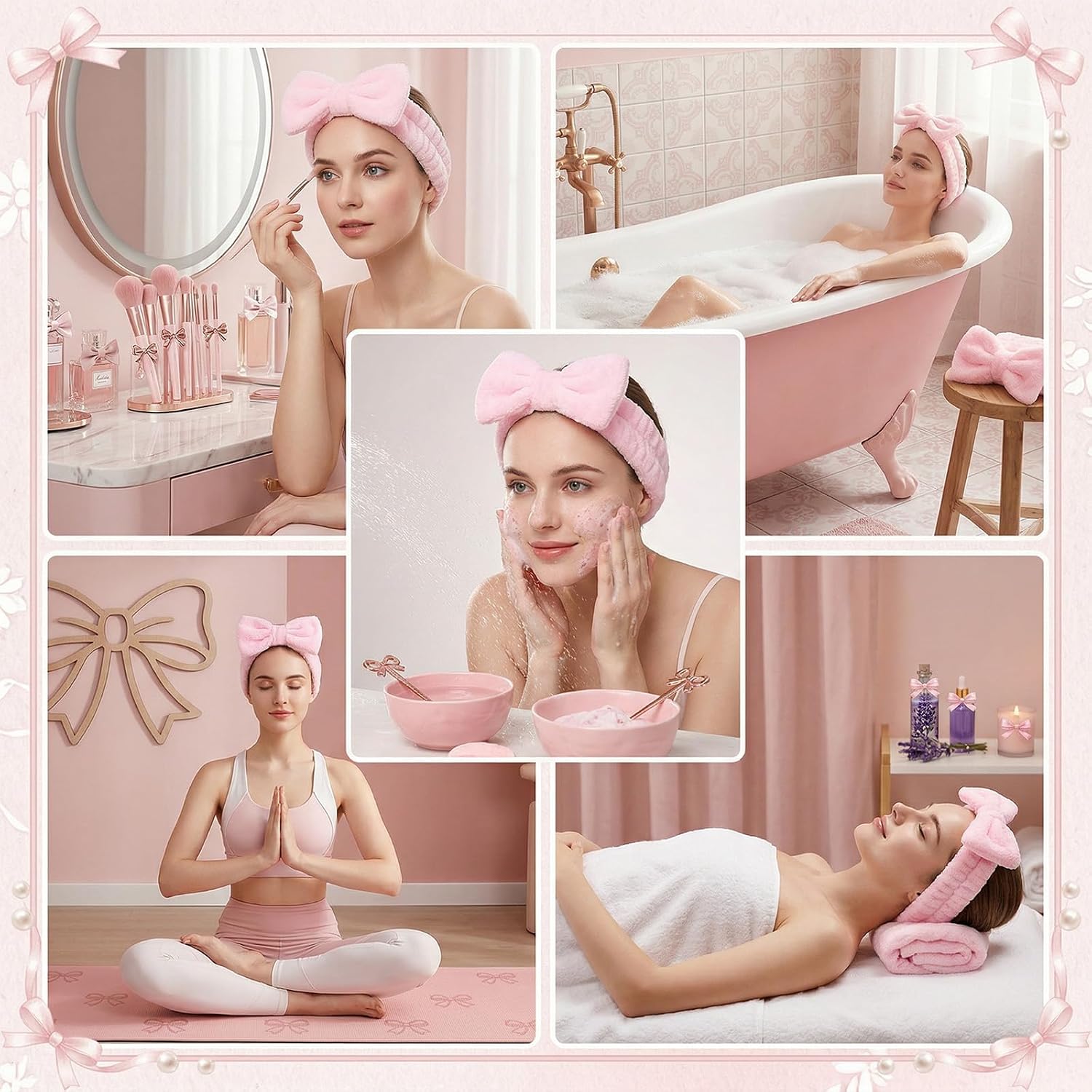 Kenaoeoe 30 Pcs Pink Spa Headband Bulk Spa Headbands for Women with Removable Bow Soft Coral Fleece Makeup Headbands for Washing Face, Shower, Skincare, Yoga and Spas Party Supplies