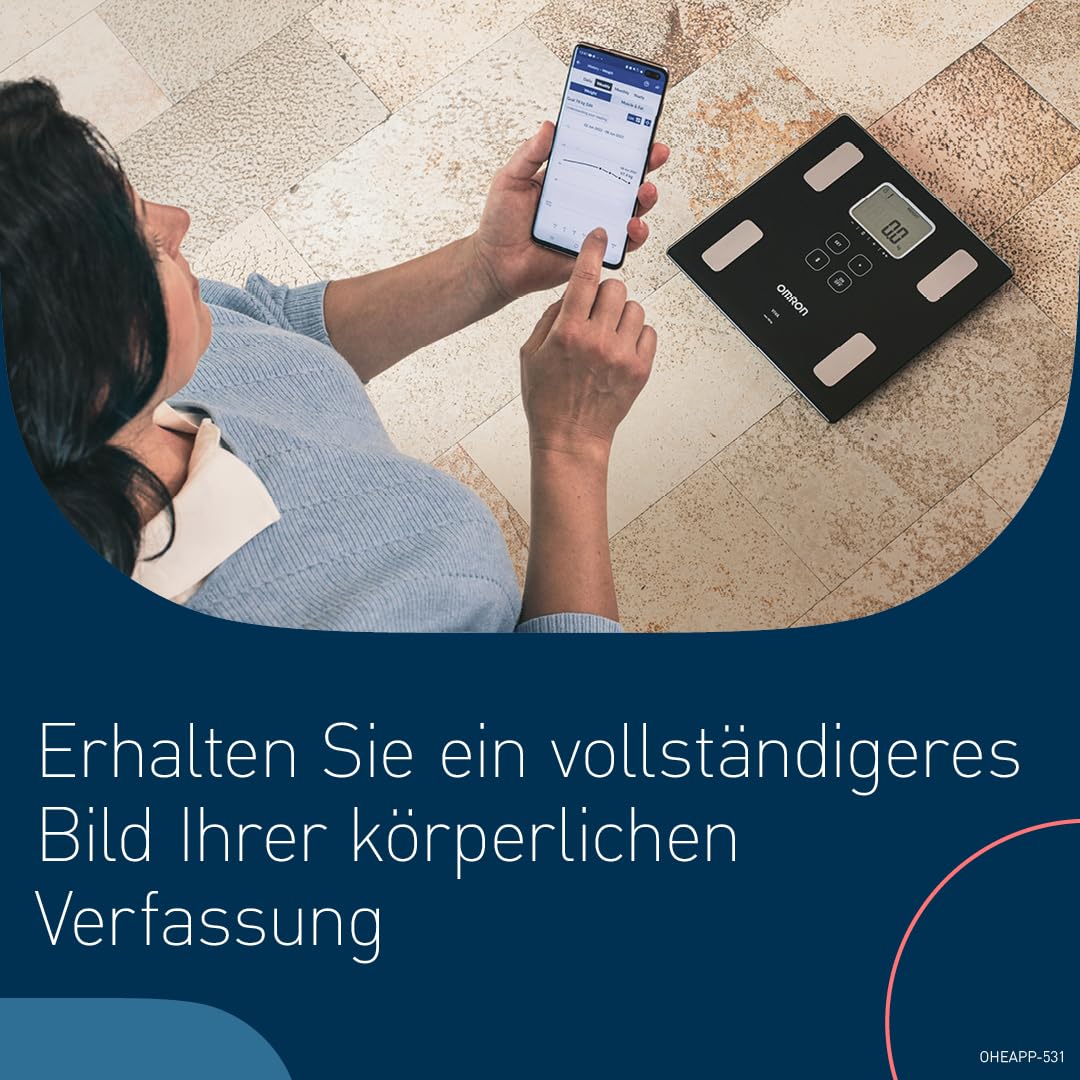 OMRON VIVA Personenwaage bietet präzise Gewichtsmessung, kombiniert mit Körperfettwaage für Viszeralfett, Muskel, Stoffwechsel, BMI sowie Herzgesundheit und Bluetooth-Sync zur OMRON Connect App