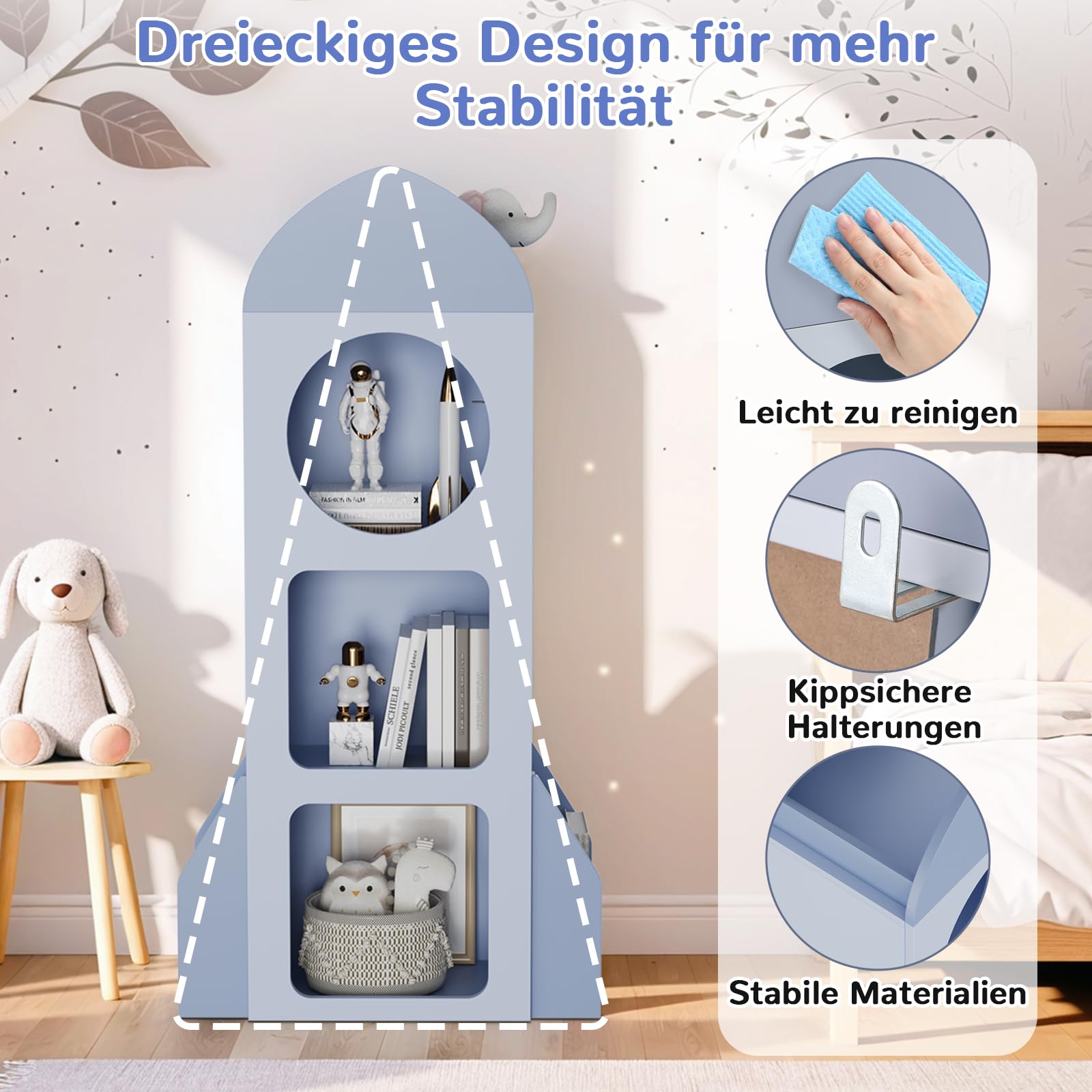 Clevich Bibliothèque pour Enfant, 120 × 60 × 31 cm, étagère pour Chambre d'enfant, étagère à Jouets, avec 3 Niveaux, 2 latérales, Motif fusée pour garçons et Filles