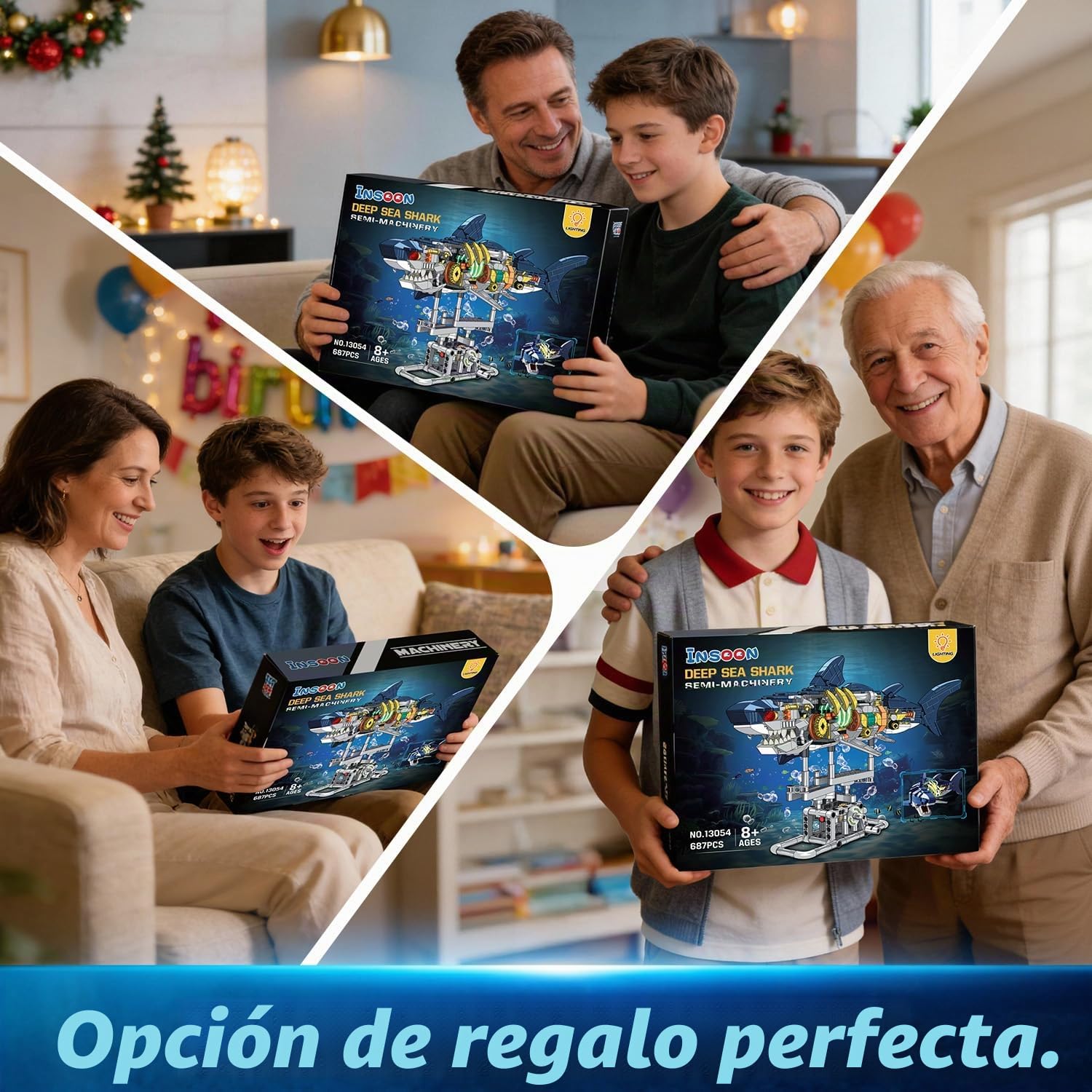 INSOON Juego de construcción de tiburón mecánico con luz LED, 687 Piezas de Animales oceánicos móviles con Soporte de exhibición, Juguete de Bloque de construcción de Peces de mar, Regalo de