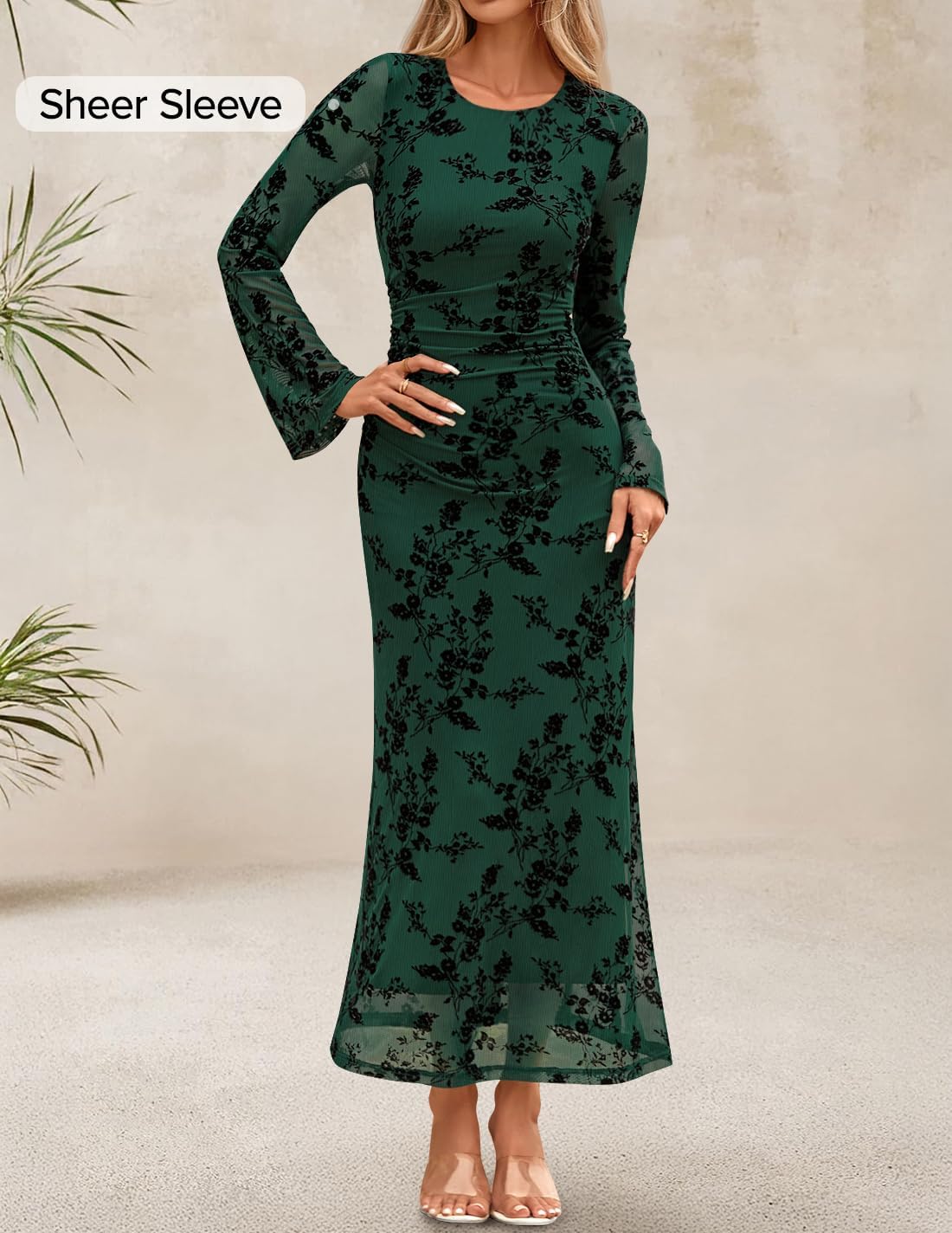 ZESICA Women's Long Sleeve Floral Bodycon Dress 2026 Spring Fall Ruched Mesh Wedding Guest Cocktail Party Maxi Dresses - Image 3